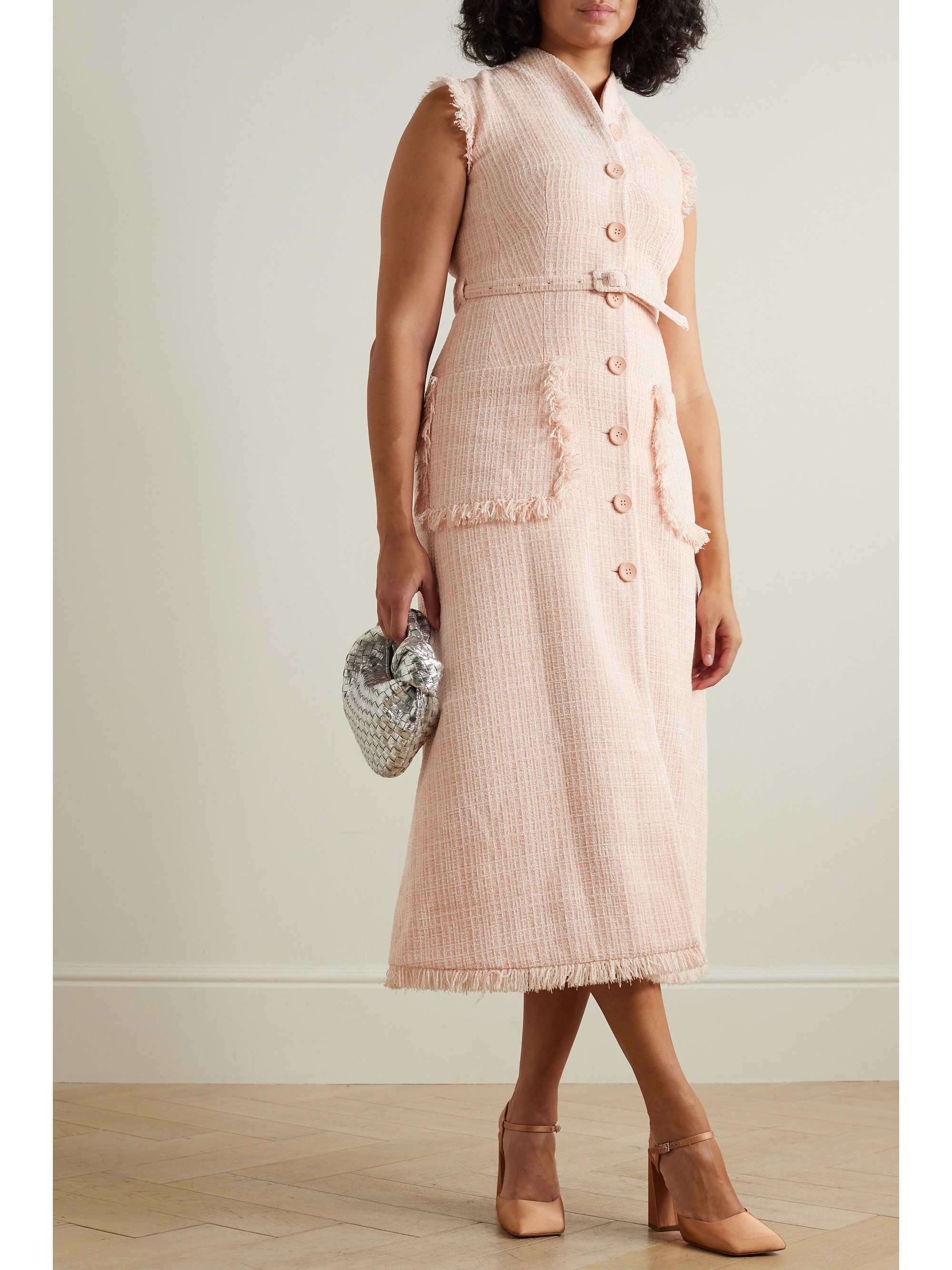 Huishan Zhang Felicity belted fringed tweed midi dress