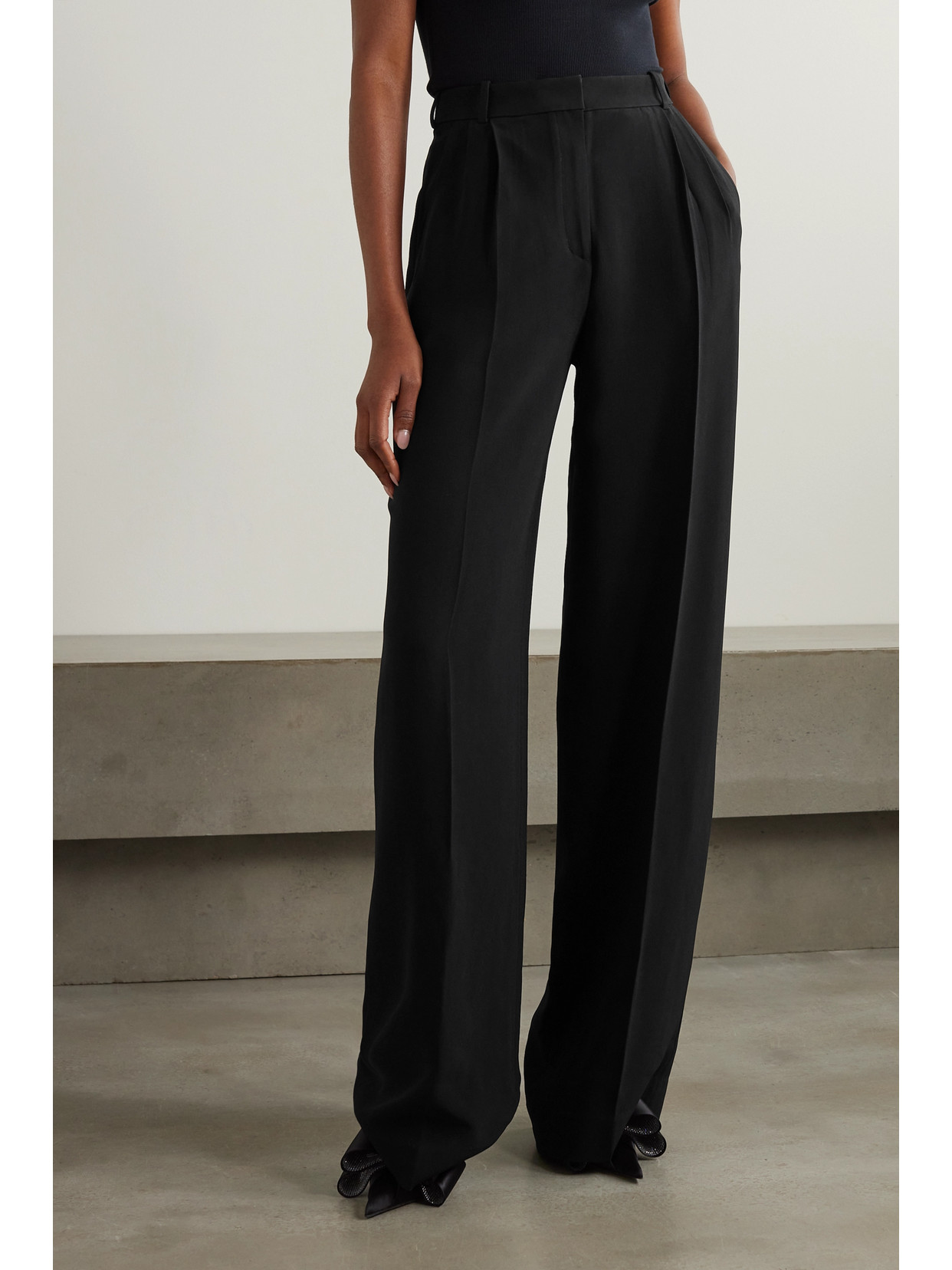 Shop Saloni Pleated Crepe Wide-leg Pants In Black