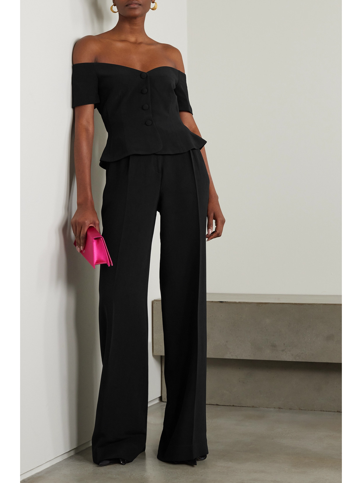 Shop Saloni Pleated Crepe Wide-leg Pants In Black