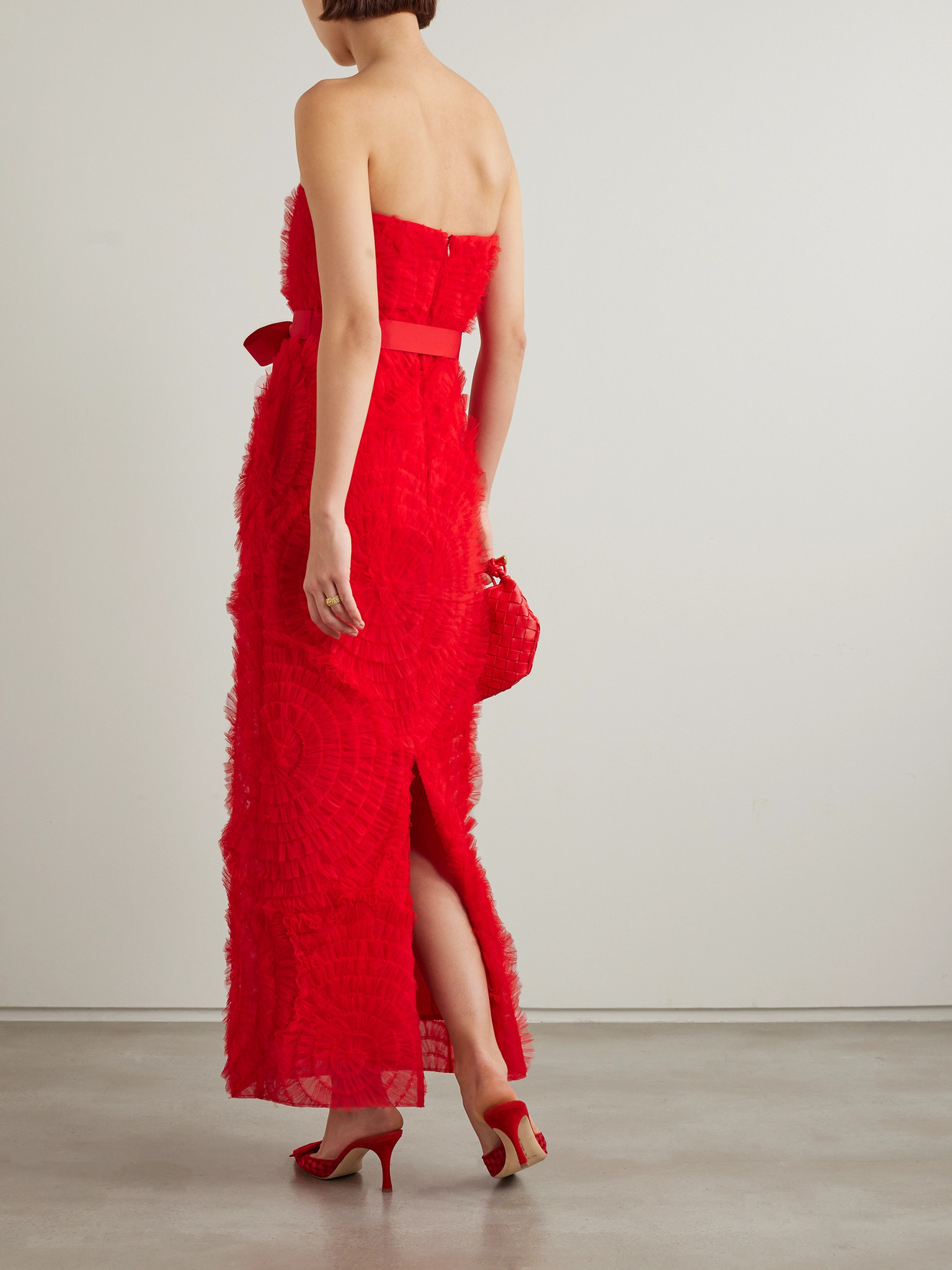 Huishan Zhang Monica Strapless Grosgrain-trimmed Ruffled Tulle Maxi Dress In Red