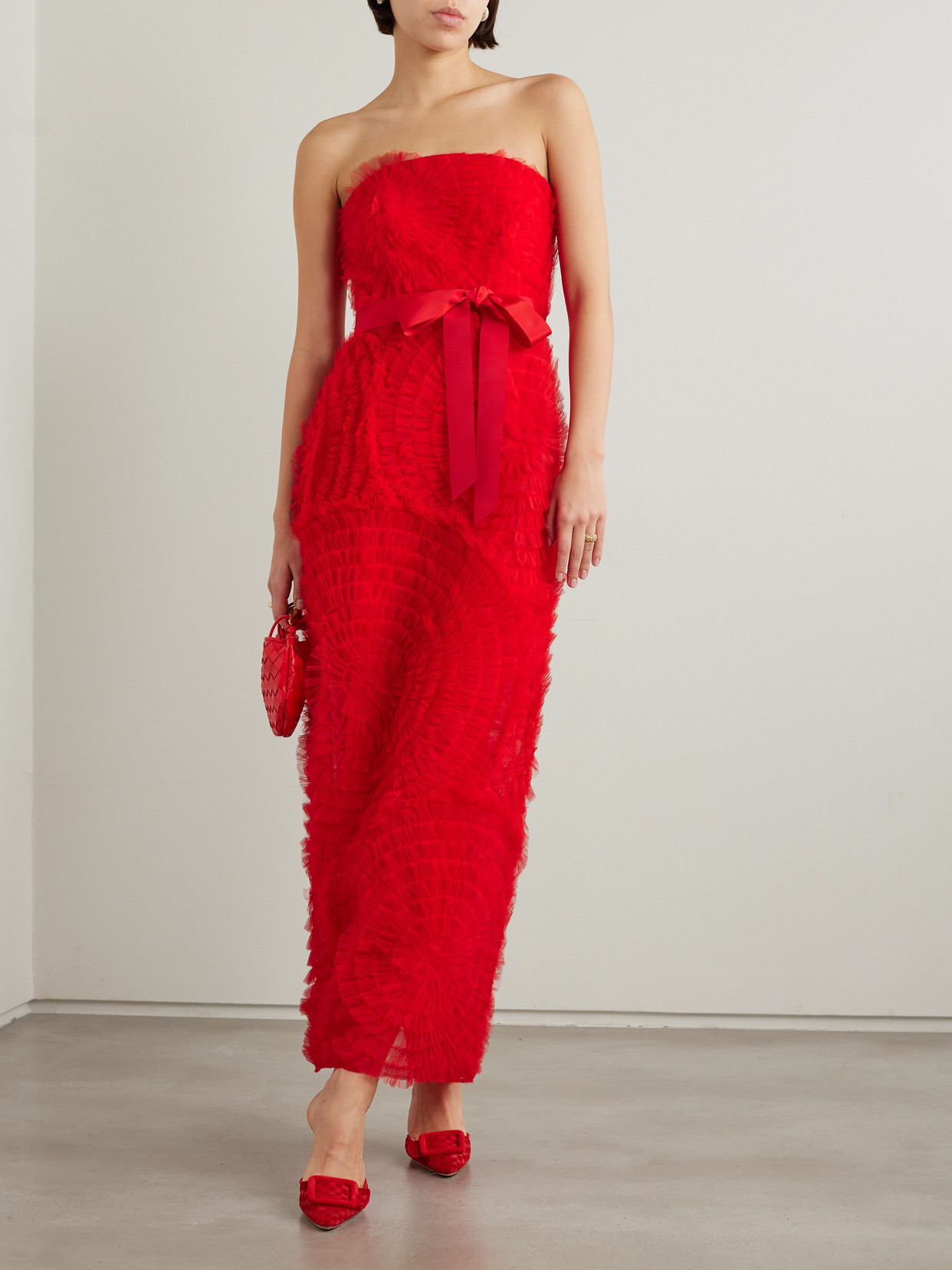 Shop Huishan Zhang Monica Strapless Grosgrain-trimmed Ruffled Tulle Maxi Dress In Red