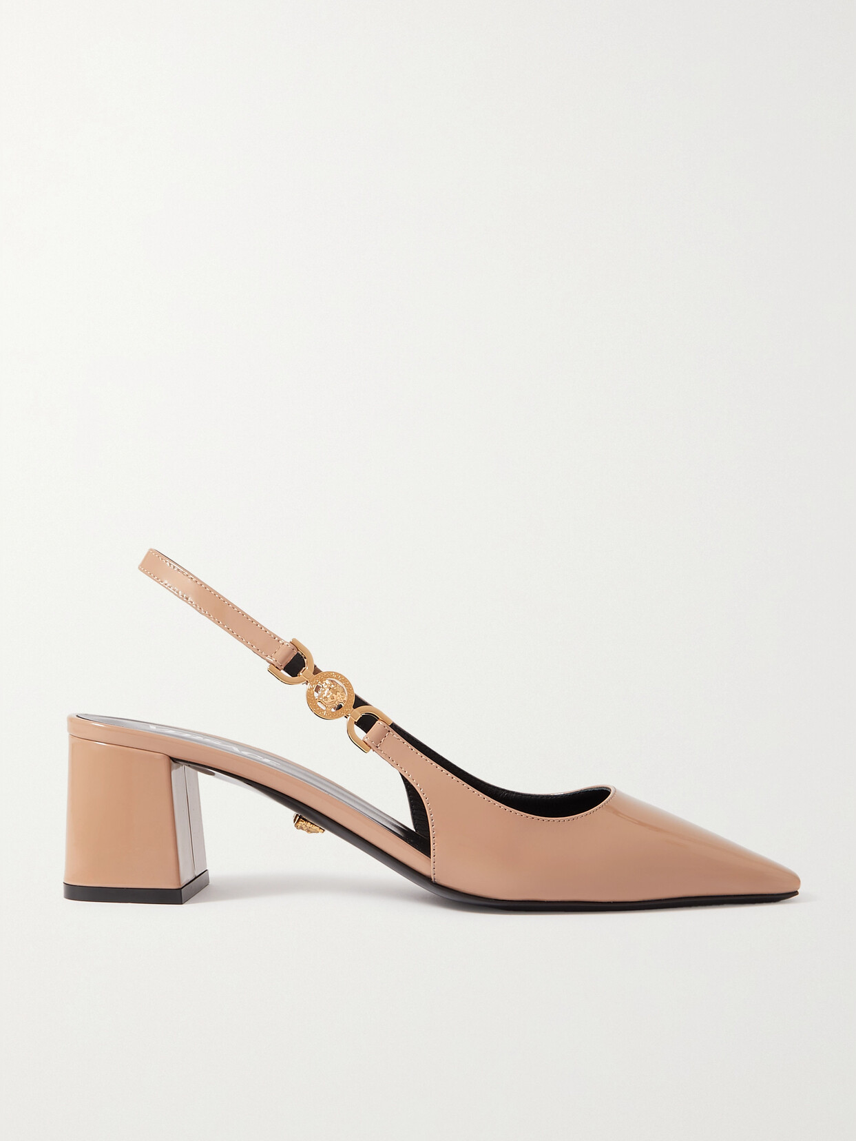 Shop Versace Embellished Patent-leather Slingback Pumps In Pink