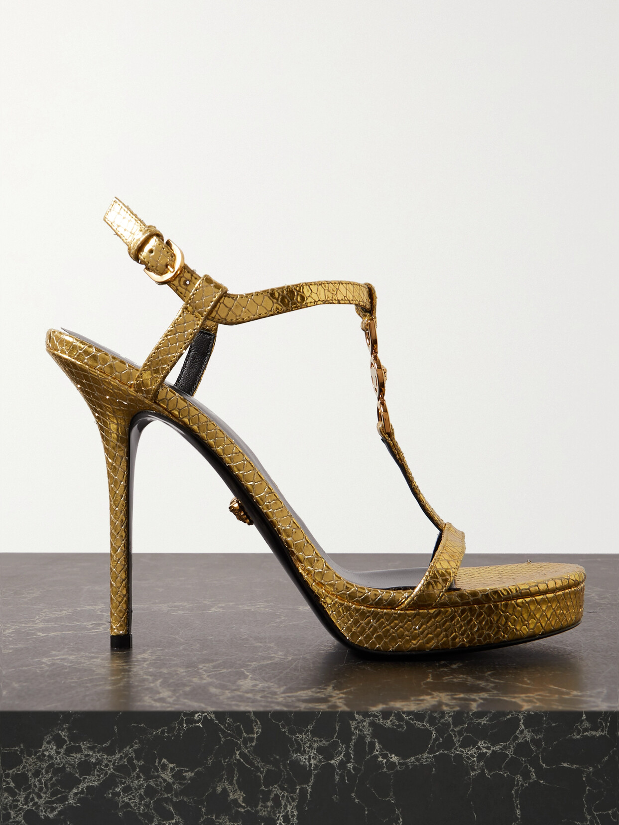 Shop Versace Embellished Metallic Snake-effect Leather Sandals In Gold