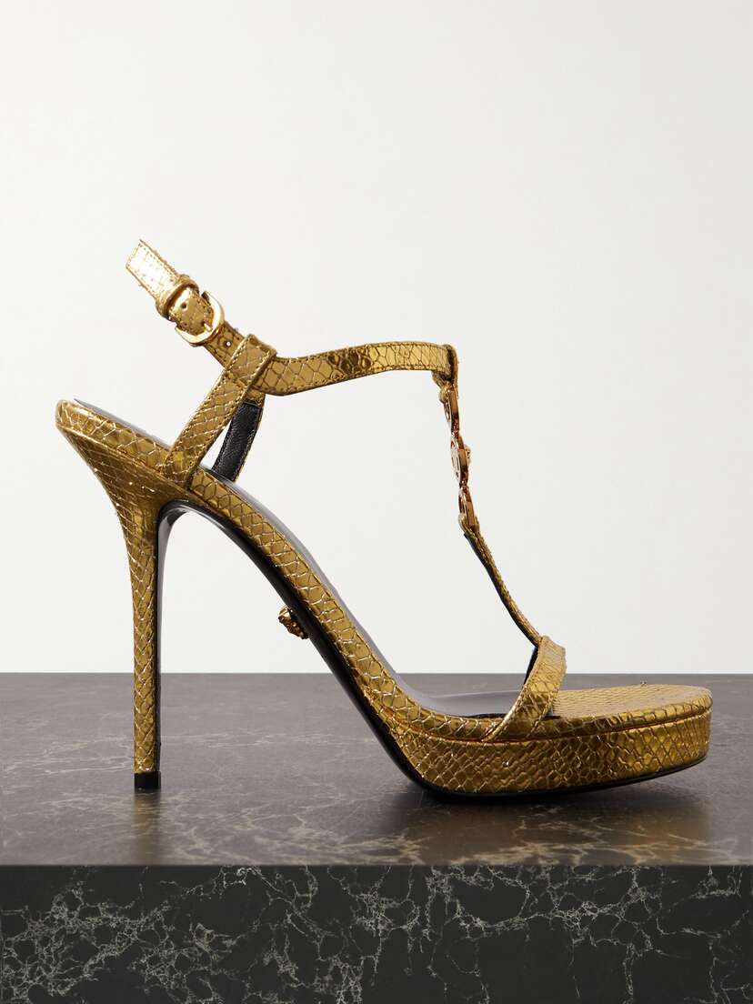 Versace Embellished Metallic Snake-effect Leather Sandals