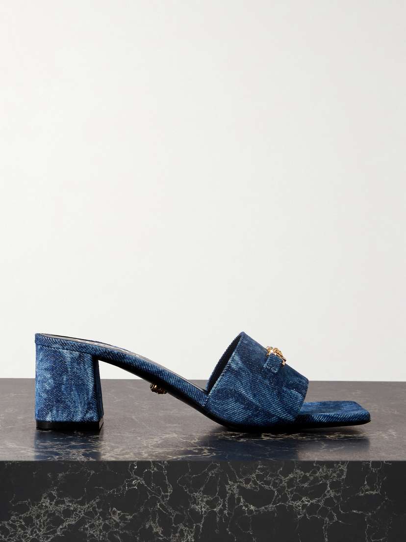 Versace Embellished Printed Denim Mules