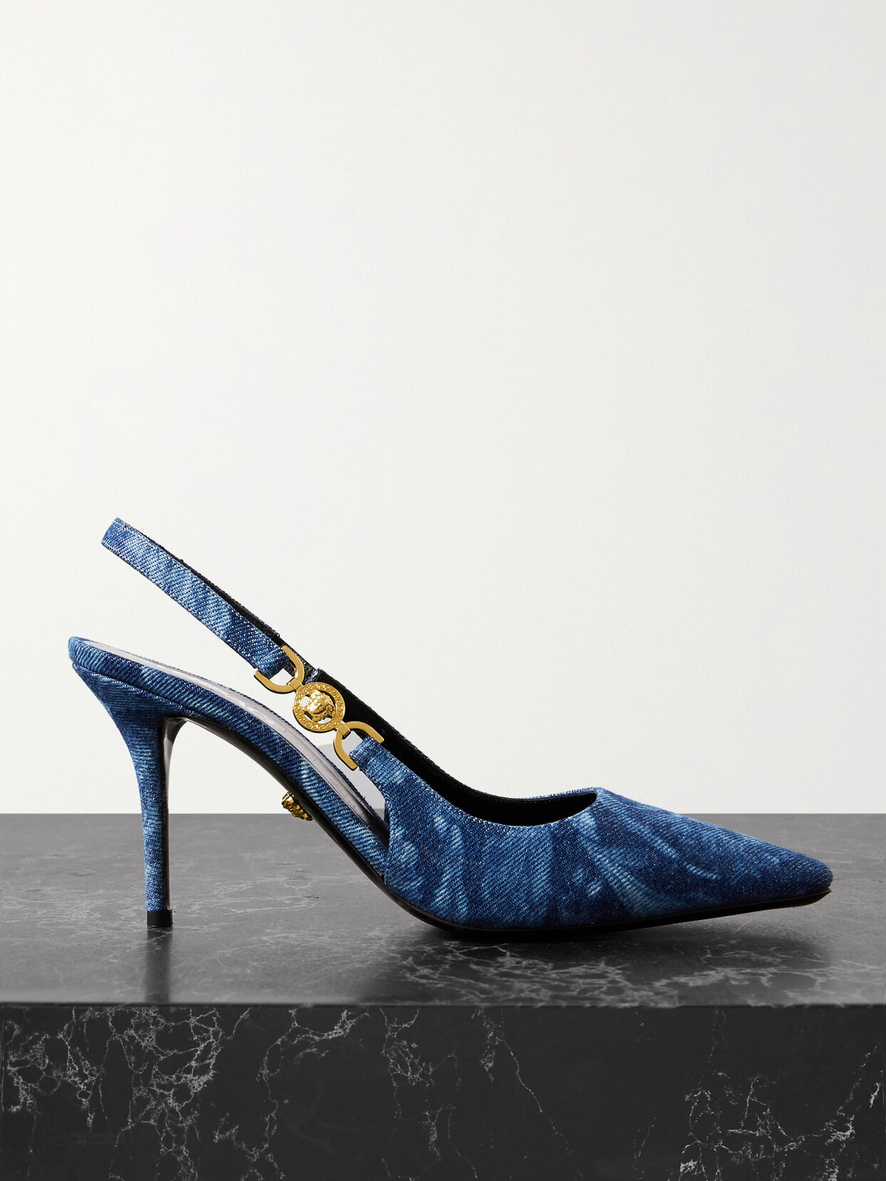 Versace Embellished Printed Denim Slingback Pumps - Blue