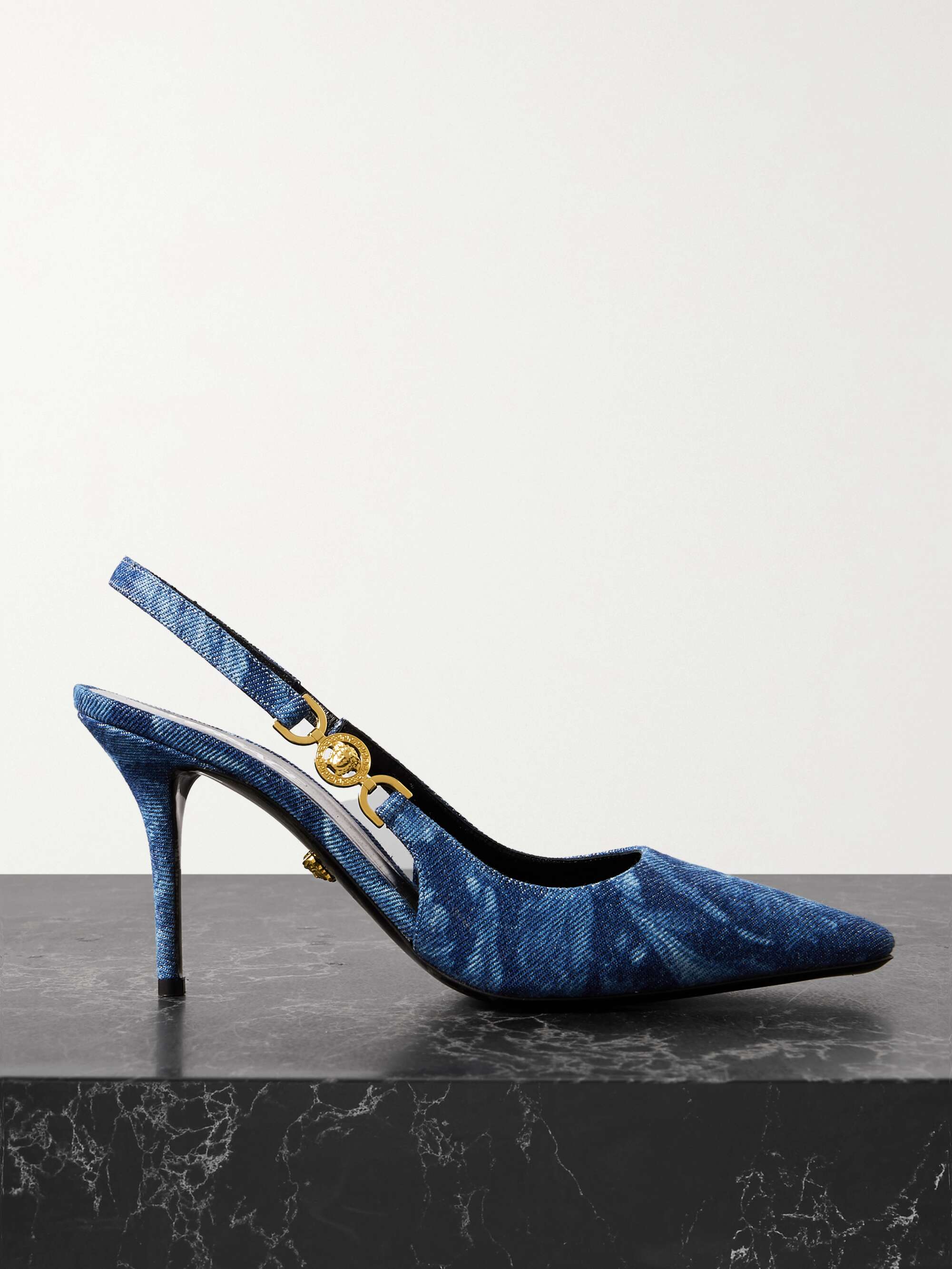 Embellished printed denim slingback pumps blue IT35.5