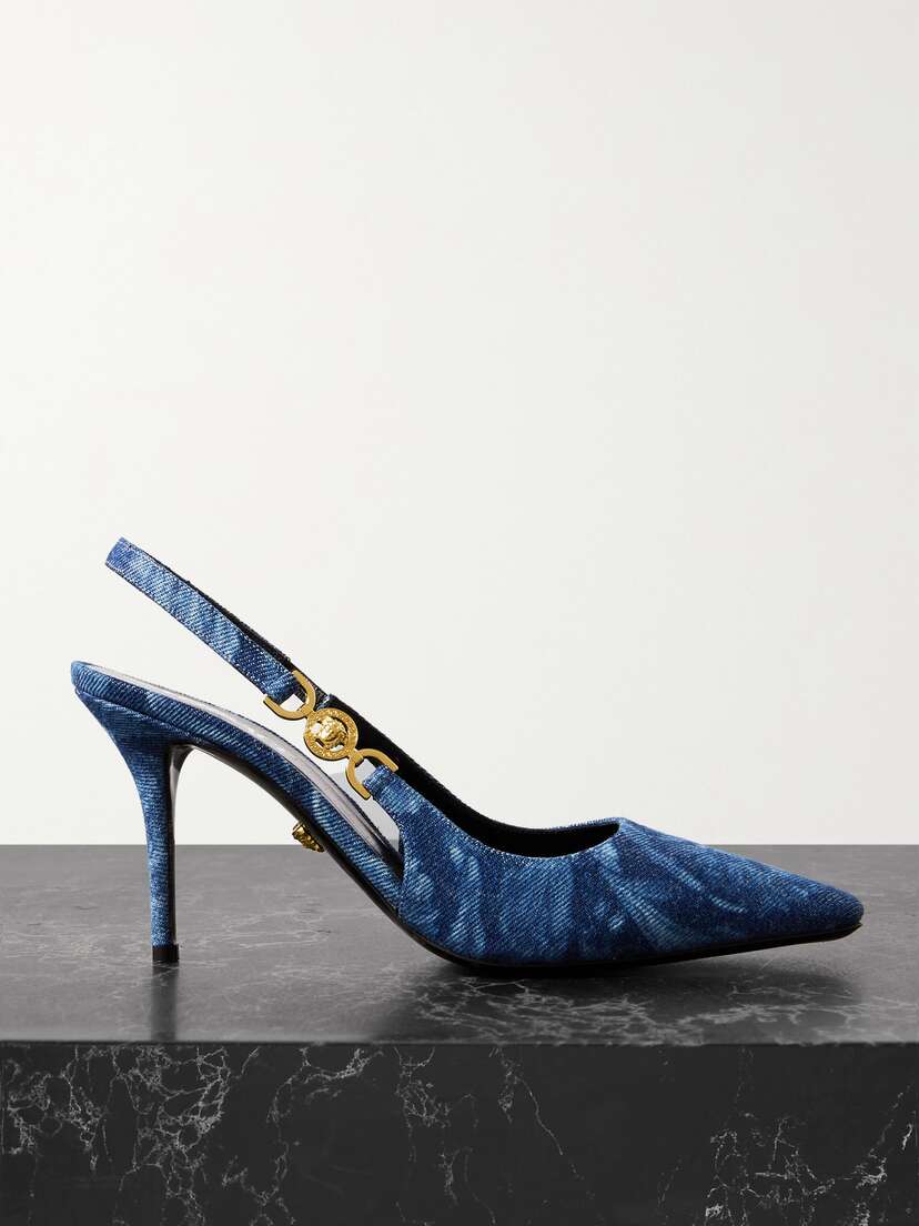 Versace Embellished Printed Denim Slingback Pumps