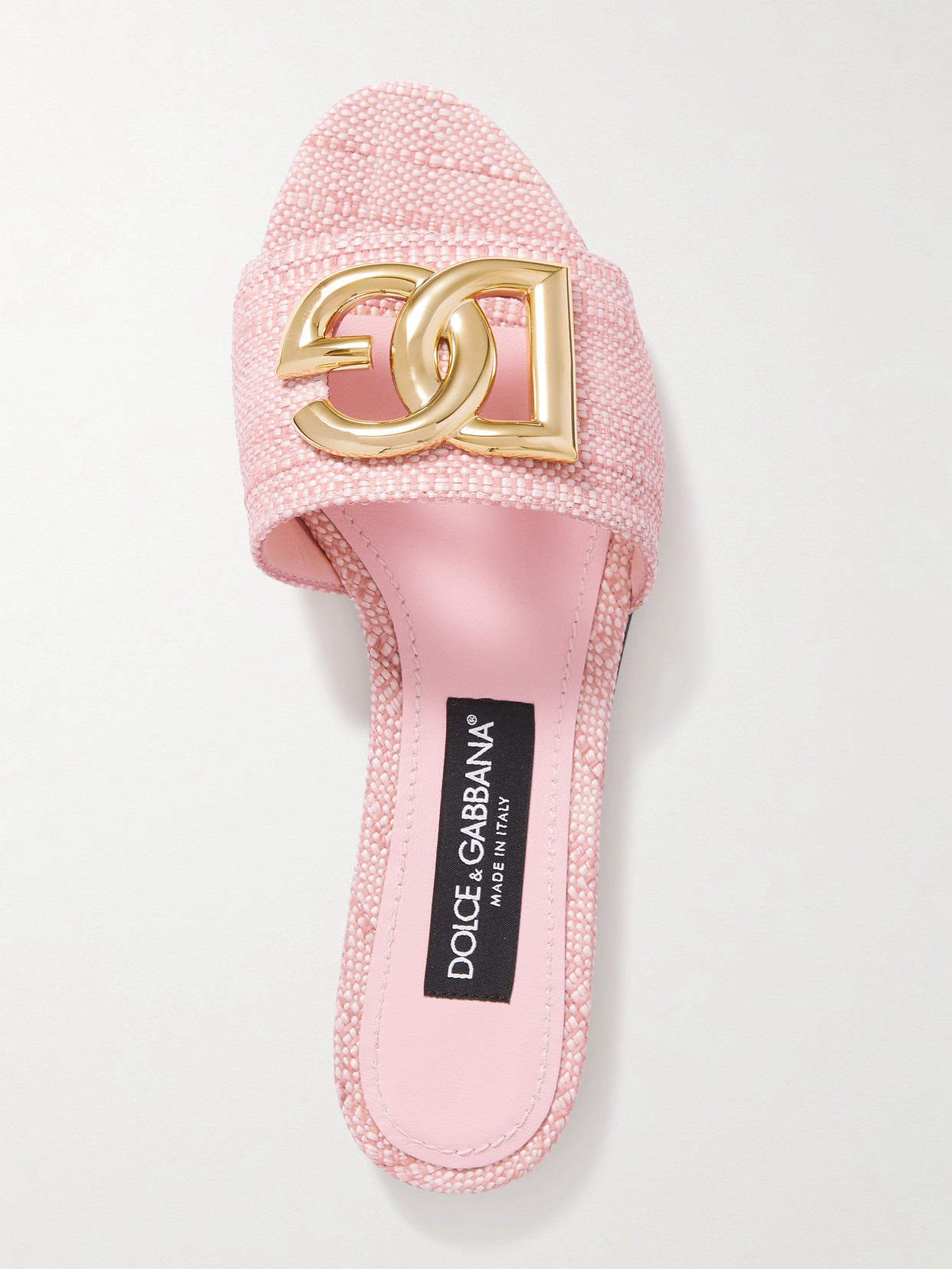 Dolce & Gabbana Bianca Logo-embellished Raffia Slides In Pink