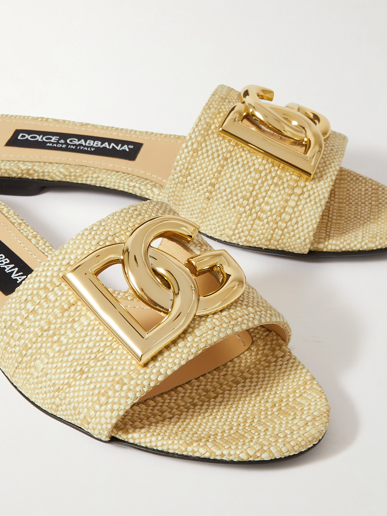 Shop Dolce & Gabbana Bianca Logo-embellished Raffia Slides In Neutrals