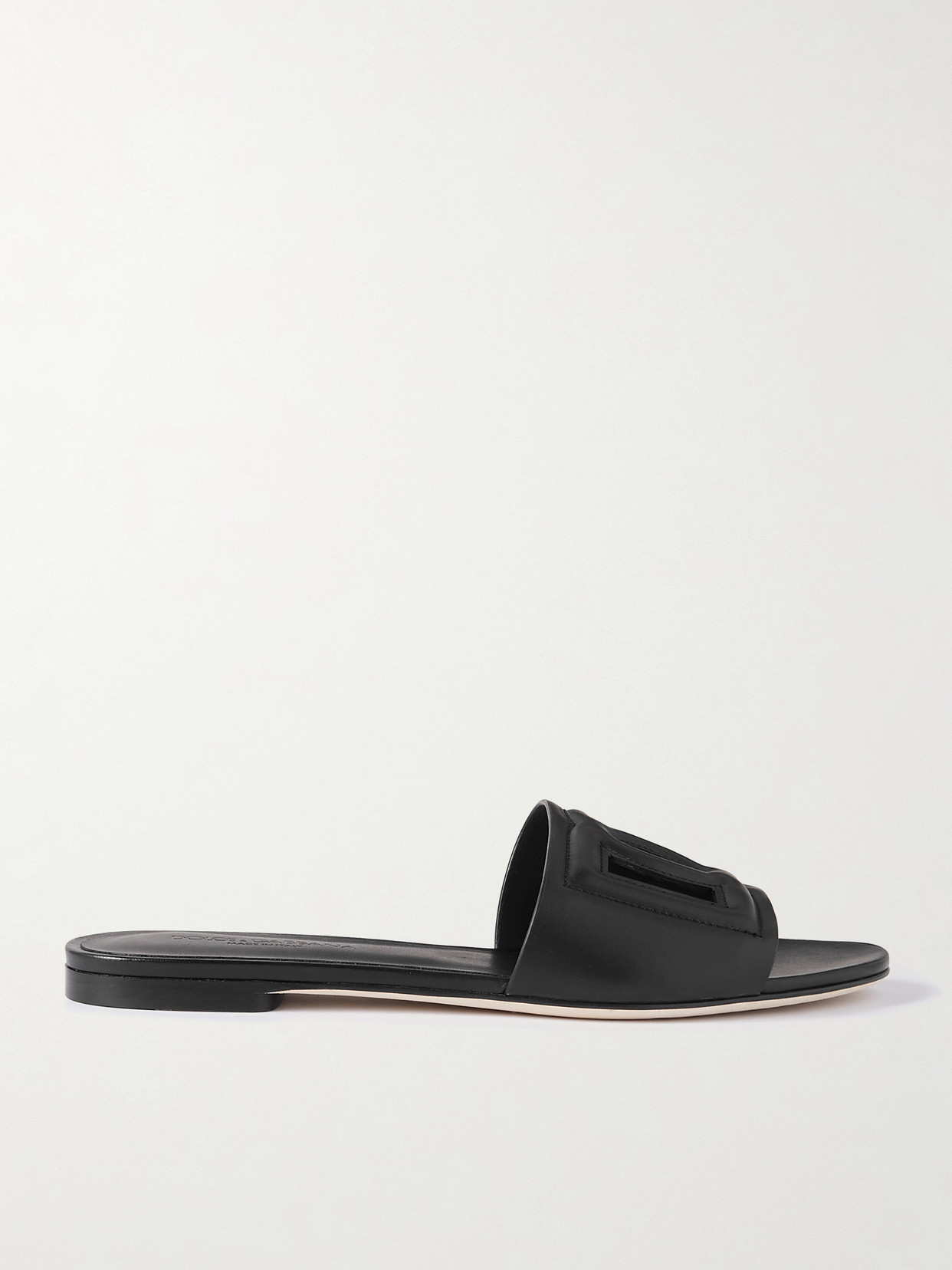 Dolce & Gabbana Bianca Logo-embossed Cutout Leather Slides In Black