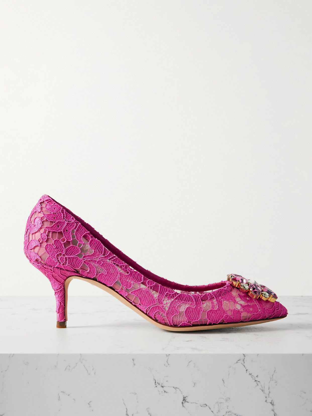 Dolce & Gabbana Crystal-embellished Lace Pumps In Pink