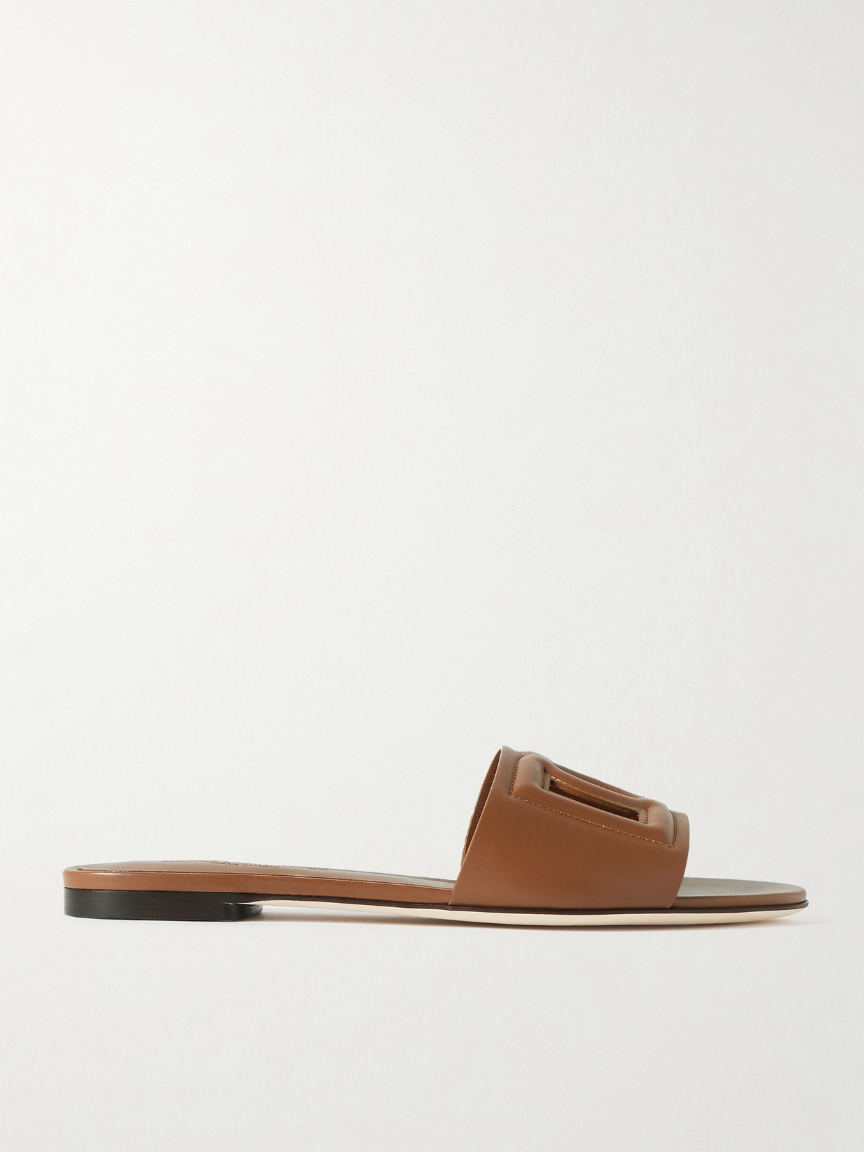 Shop Dolce & Gabbana Bianca Cutout Leather Slides In Brown