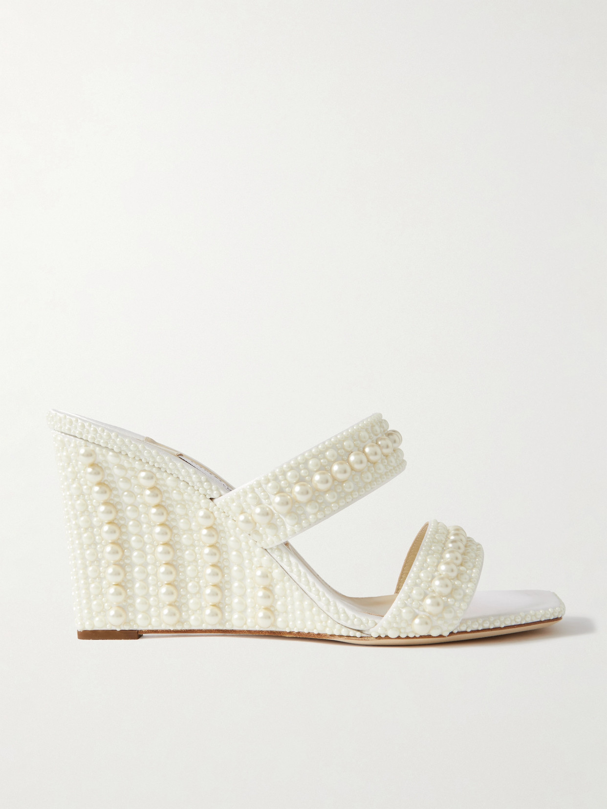 Shop Jimmy Choo Sacoria 85 Pearl-embellished Satin Wedge Sandals In White