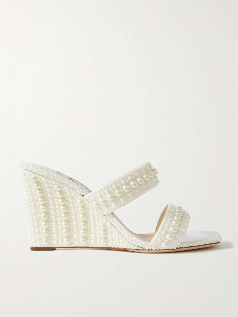 Jimmy Choo Sacoria 85 Pearl-embellished Satin Wedge Sandals
