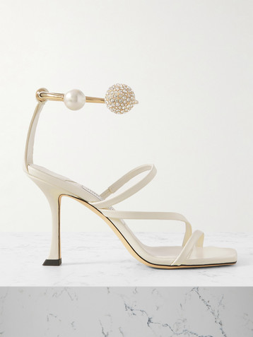 JIMMY CHOO Ottilia 90 crystal and faux pearl-embellished leather sandals