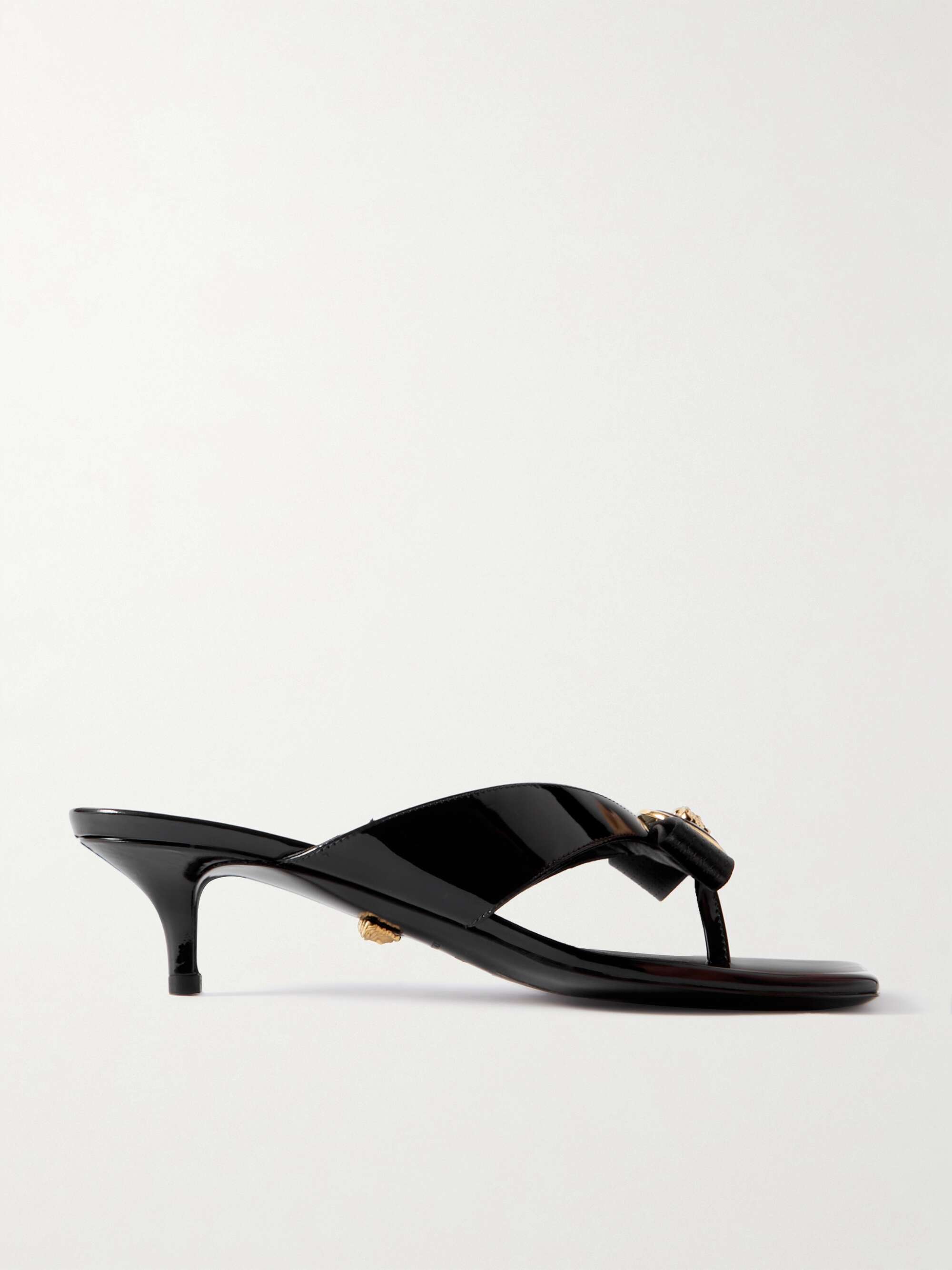 VERSACE Logo-embellished satin and patent-leather mules | NET-A-PORTER