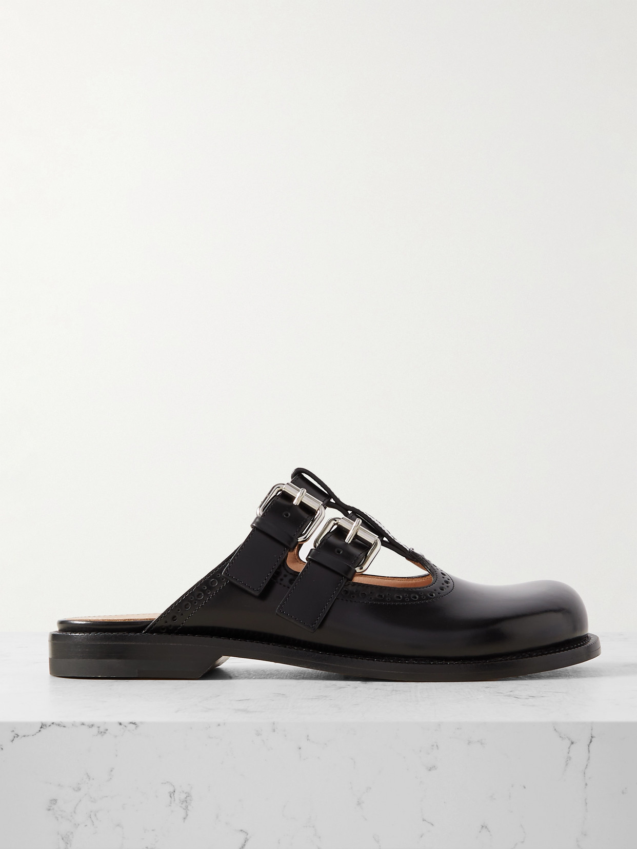 Shop Loewe Campo Buckled Leather Mules In Black