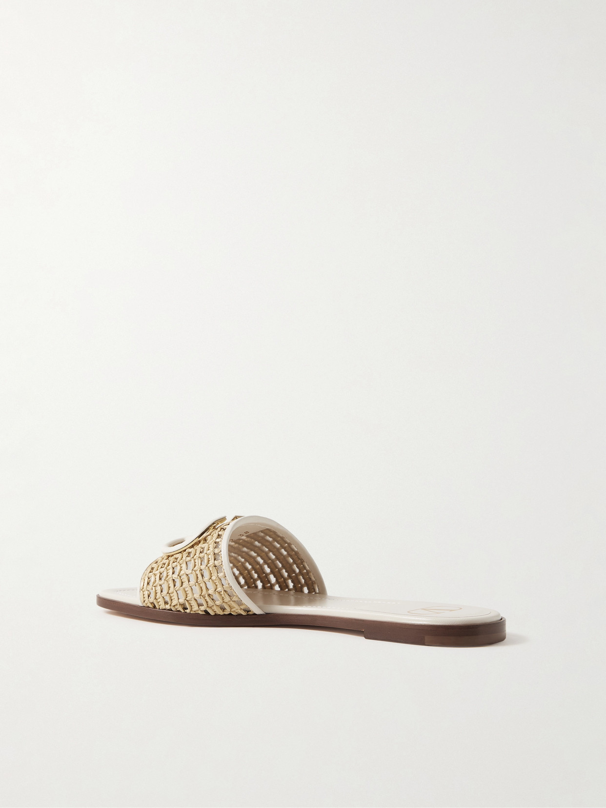 Shop Valentino Vlogo Embellished Leather-trimmed Raffia Slides In Neutrals