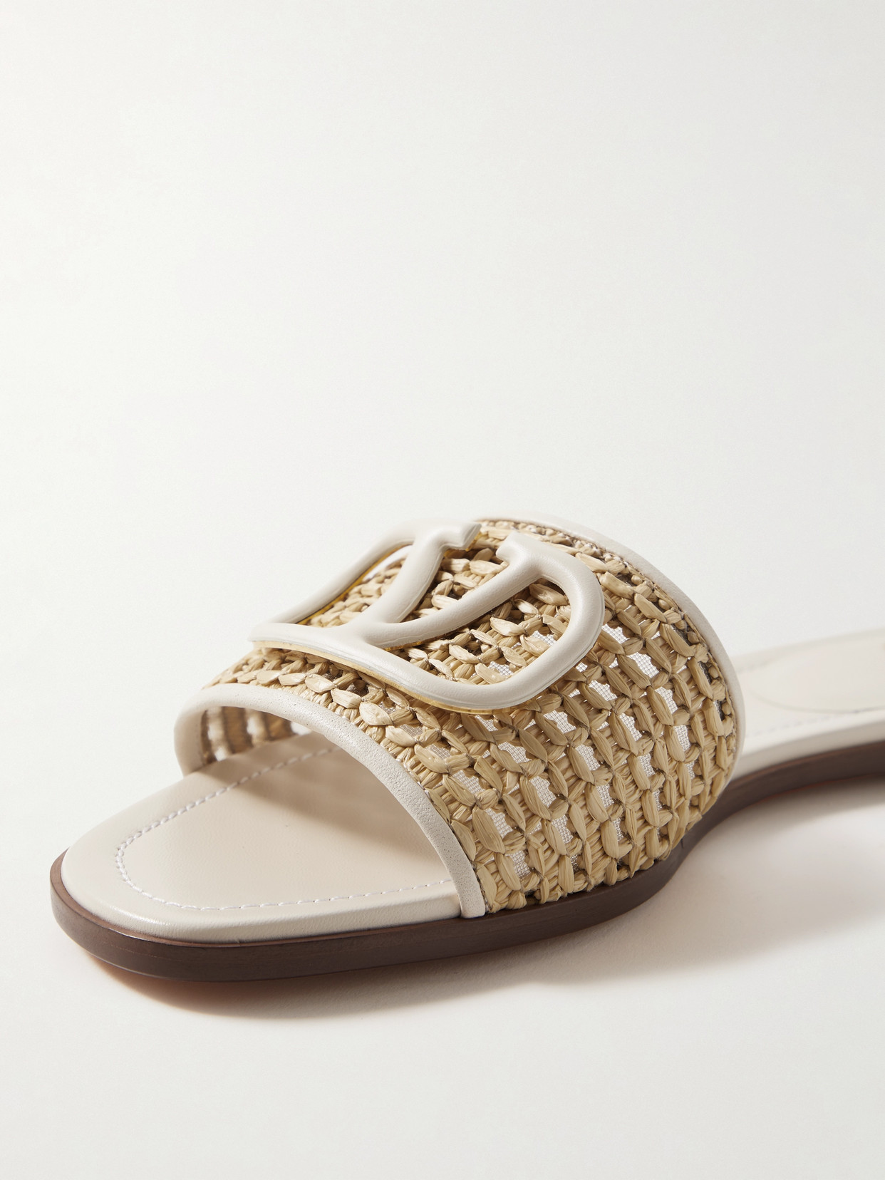 Shop Valentino Vlogo Embellished Leather-trimmed Raffia Slides In Neutrals