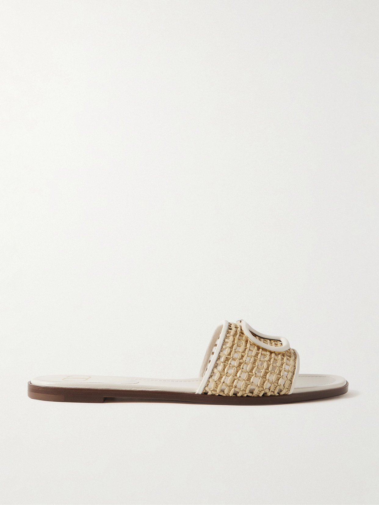 Shop Valentino Vlogo Embellished Leather-trimmed Raffia Slides In Neutrals