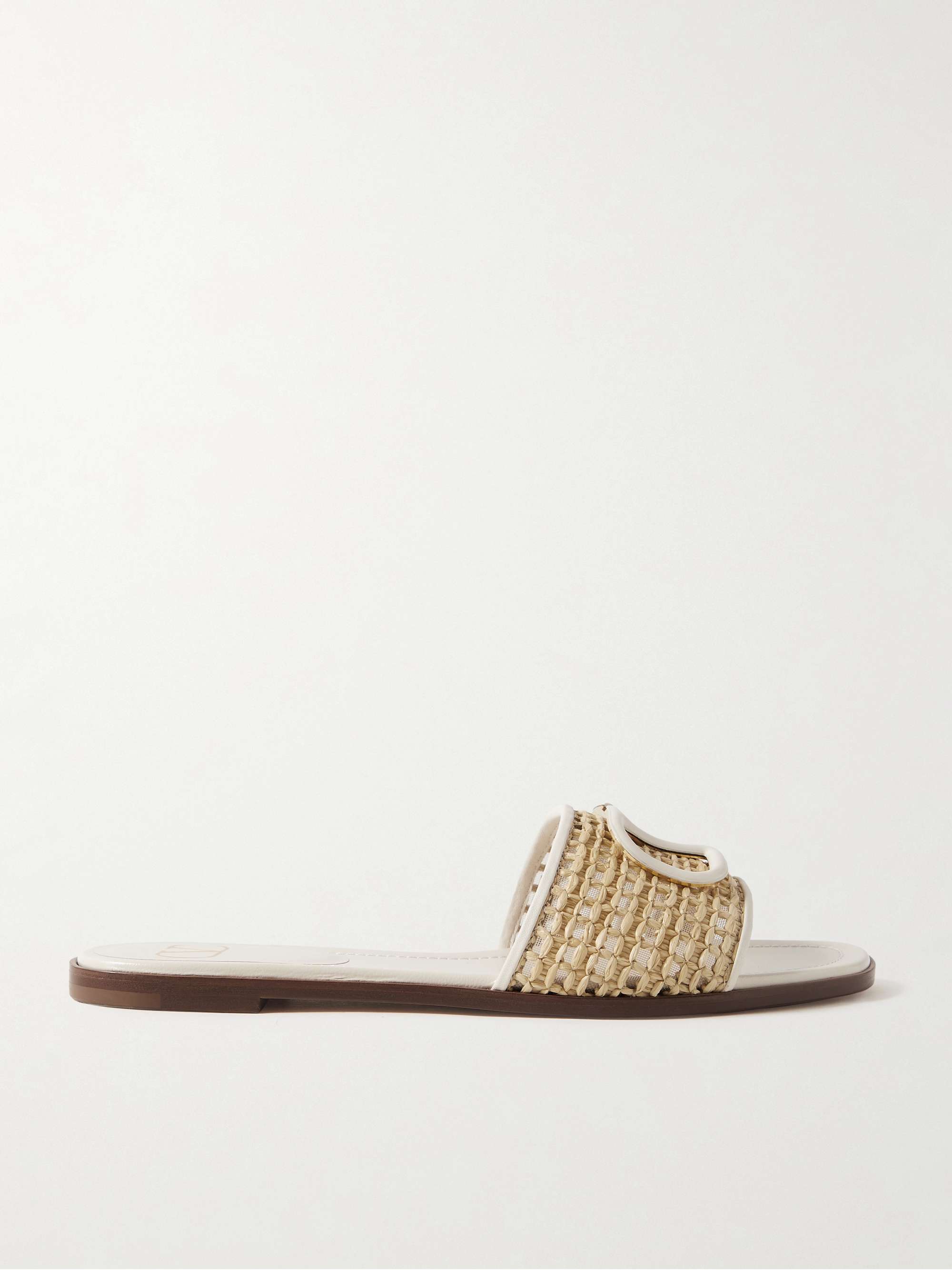 VALENTINO GARAVANI VLOGO embellished leather-trimmed raffia slides ...