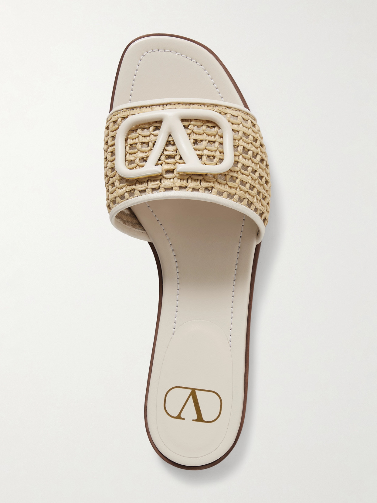 Valentino Garavani Vlogo Embellished Leather-trimmed Raffia Slides In Neutrals