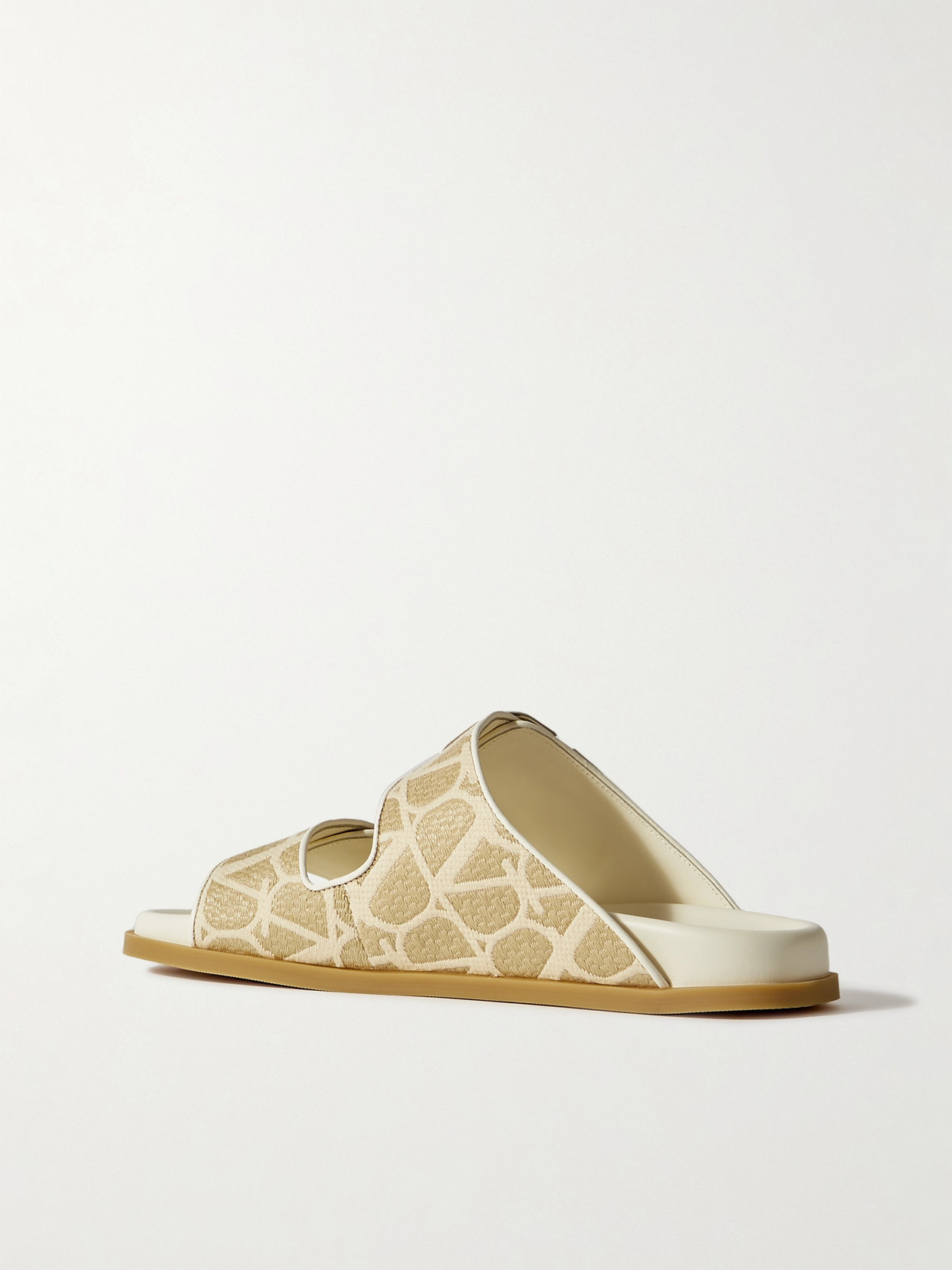 Valentino Vlogo Embellished Leather-trimmed Canvas-jacquard Slides In Neutrals