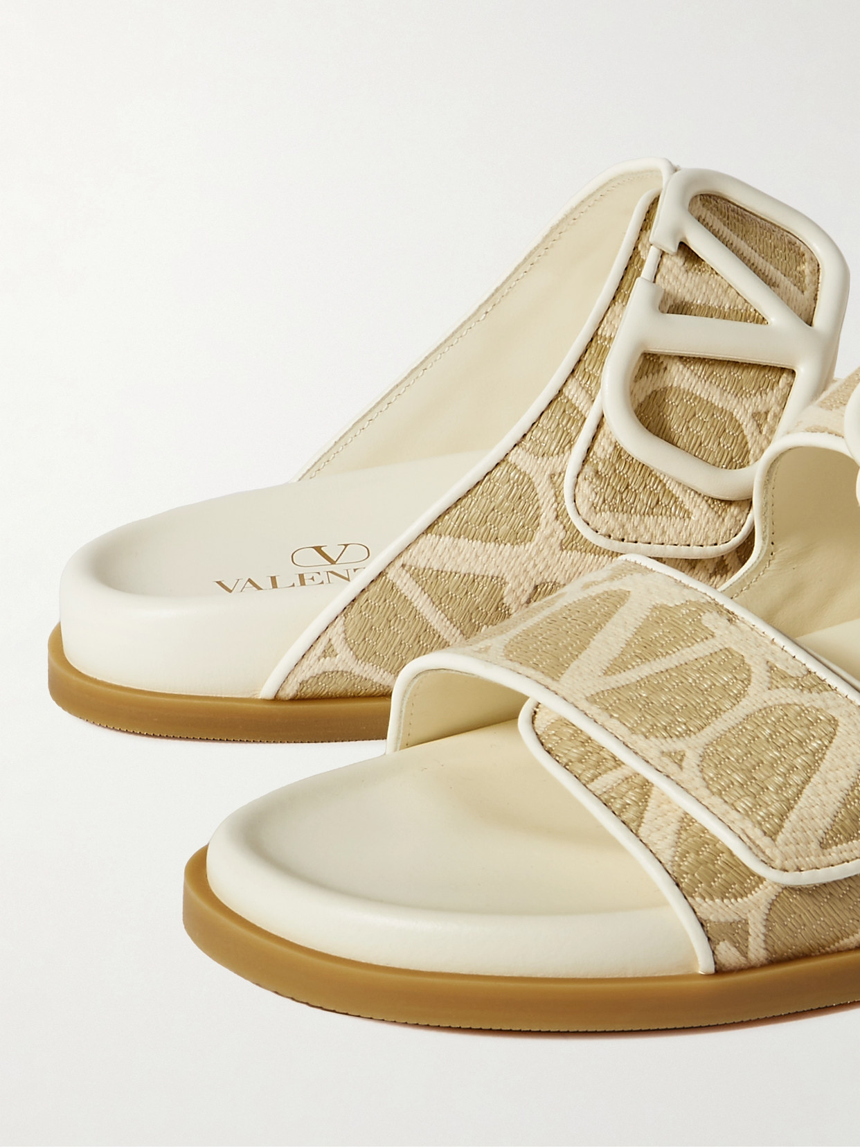 Valentino Vlogo Embellished Leather-trimmed Canvas-jacquard Slides In Neutrals