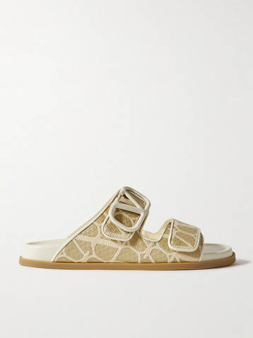 Valentino Garavani VLOGO embellished leather-trimmed canvas-jacquard slides