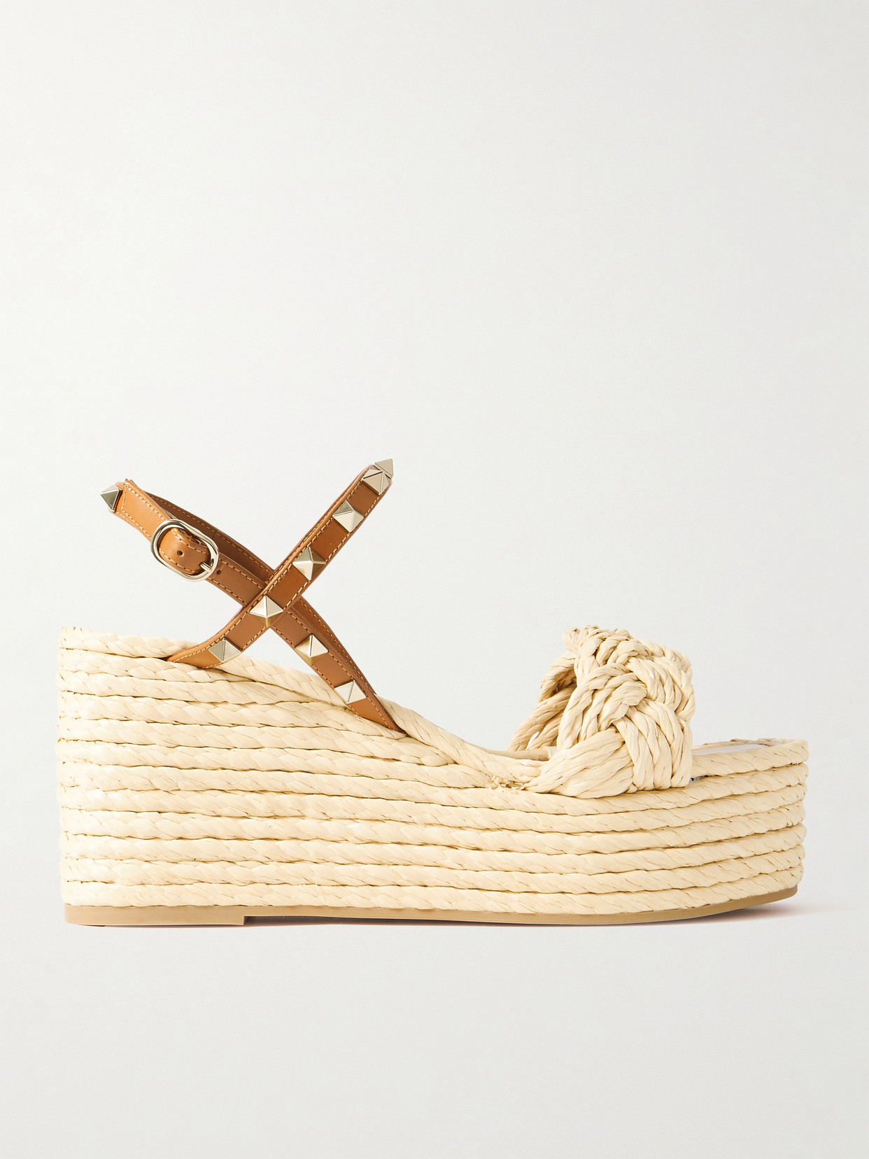 Valentino Rockstud 95 Raffia And Leather Espadrille Wedge Sandals In Neutrals