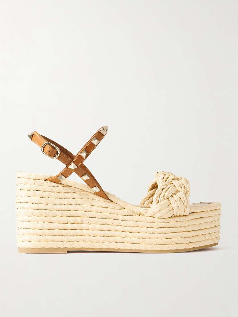 Valentino Garavani Rockstud 95 Raffia And Leather Espadrille Wedge Sandals