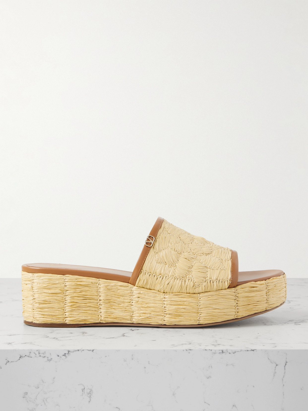 Valentino Garavani - Raflower 45 Leather-trimmed Raffia Platform Slides - Brown