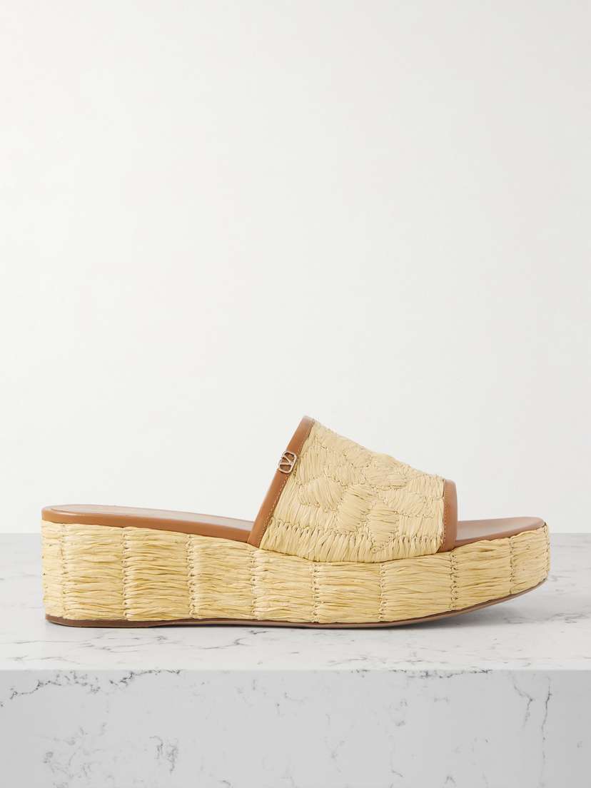 Valentino Garavani Raflower 45 Leather-trimmed Raffia Platform Slides
