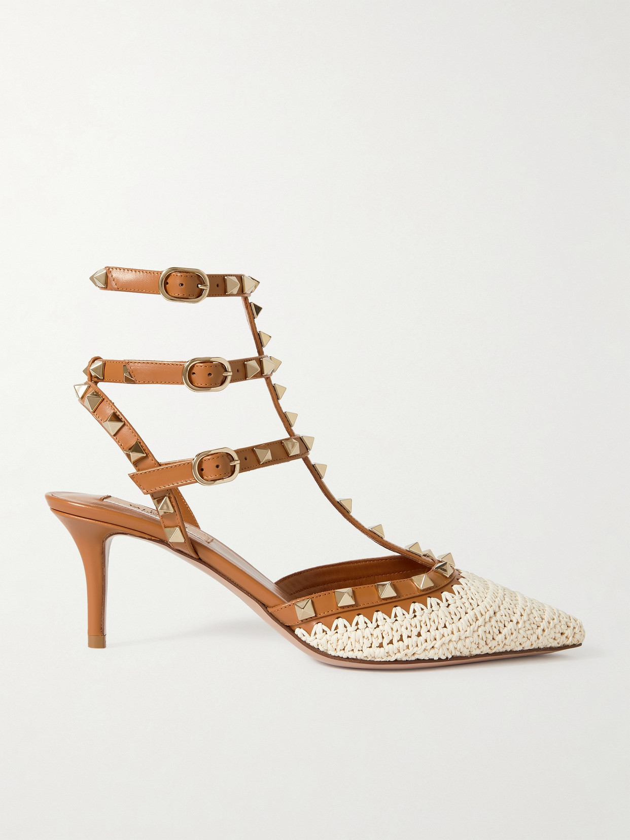 Valentino Garavani Rockstud 65 Embellished Leather And Crocheted Raffia Pumps In Brown