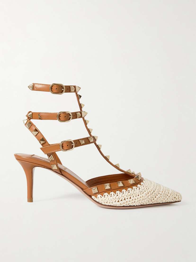 Valentino Garavani Rockstud 65 Embellished Leather And Crocheted Raffia Pumps