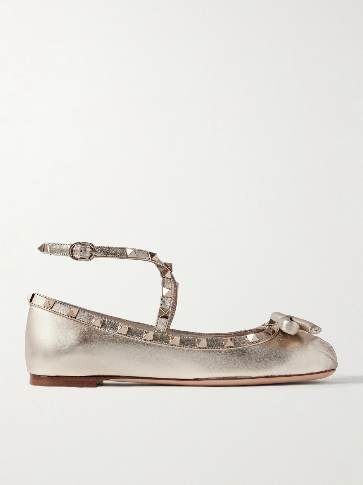 Valentino Garavani Rockstud Metallic Leather Ballet Flats In Platinum