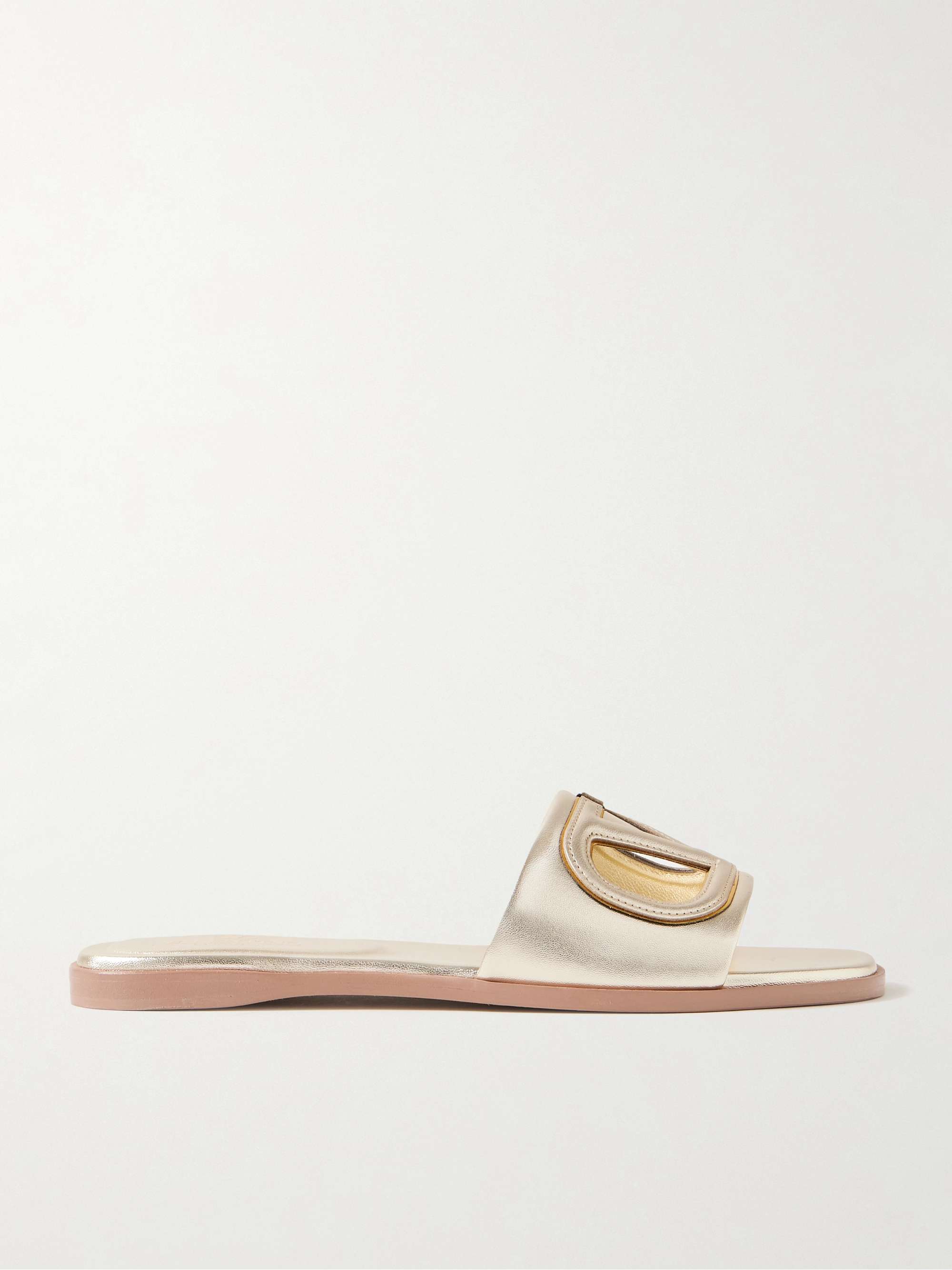 VALENTINO GARAVANI VLOGO cutout metallic leather slides | NET-A-PORTER