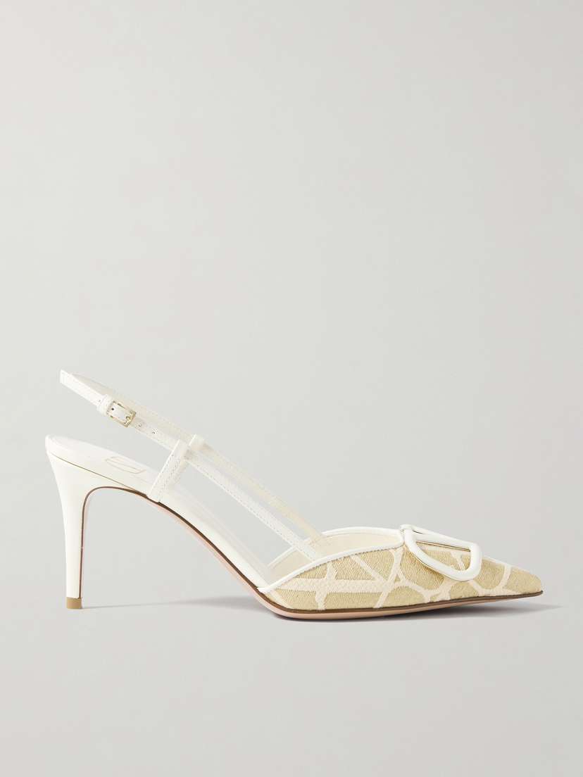 Valentino Garavani Vlogo 80 Embellished Leather-trimmed Raffia-jacquard Slingback Pumps