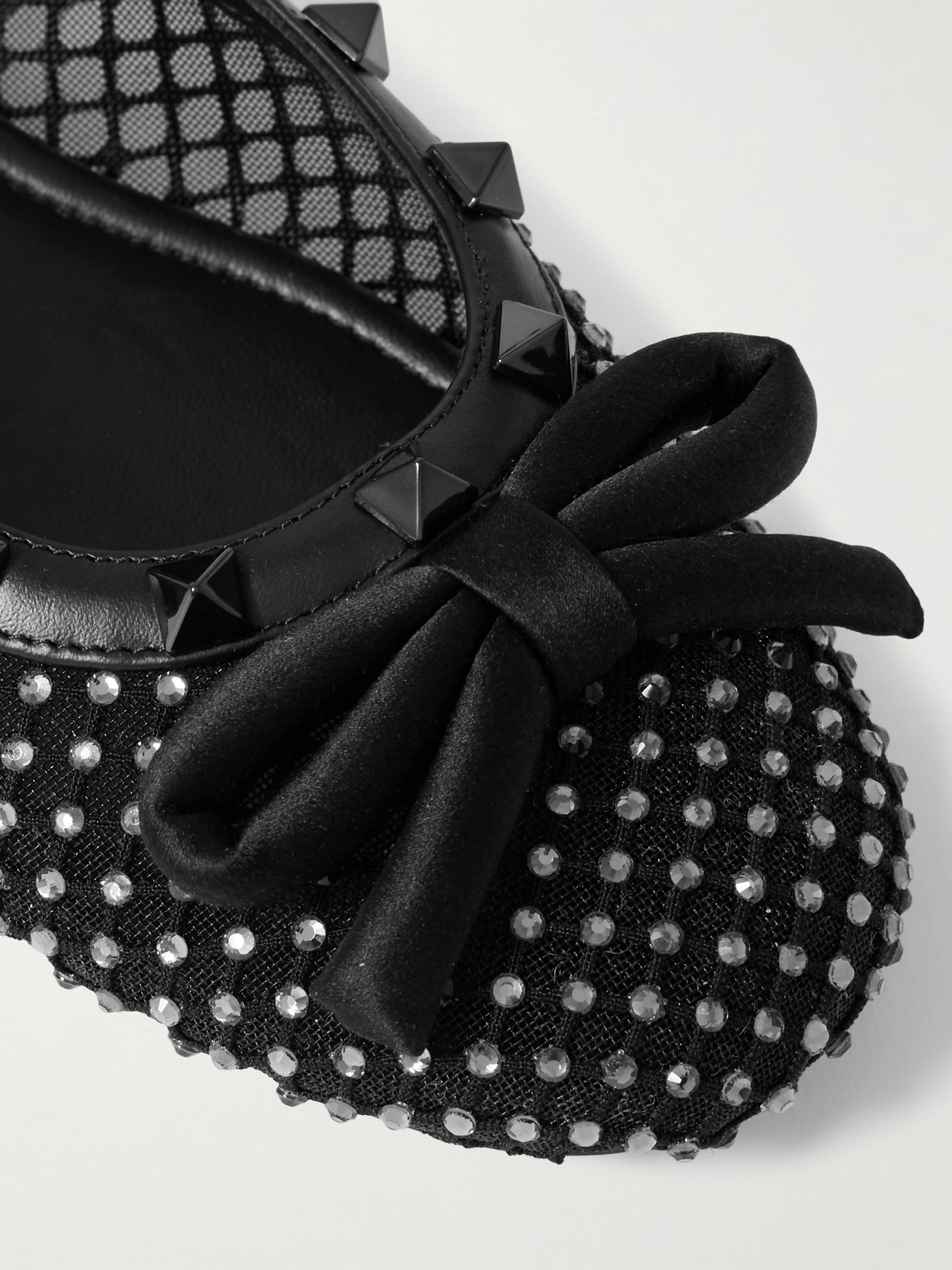 Valentino Rockstud Leather And Satin-trimmed Crystal-embellished Tulle Ballet Flats In Black