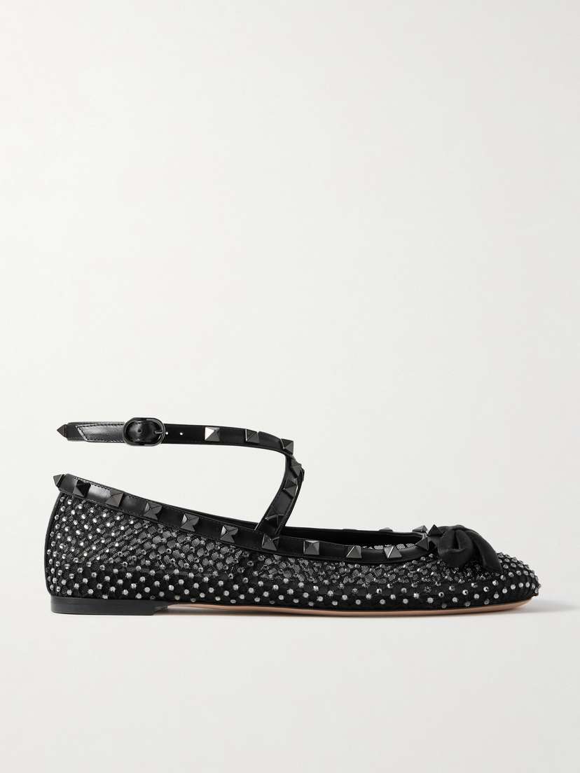 Valentino Garavani Rockstud Leather And Satin-trimmed Crystal-embellished Tulle Ballet Flats