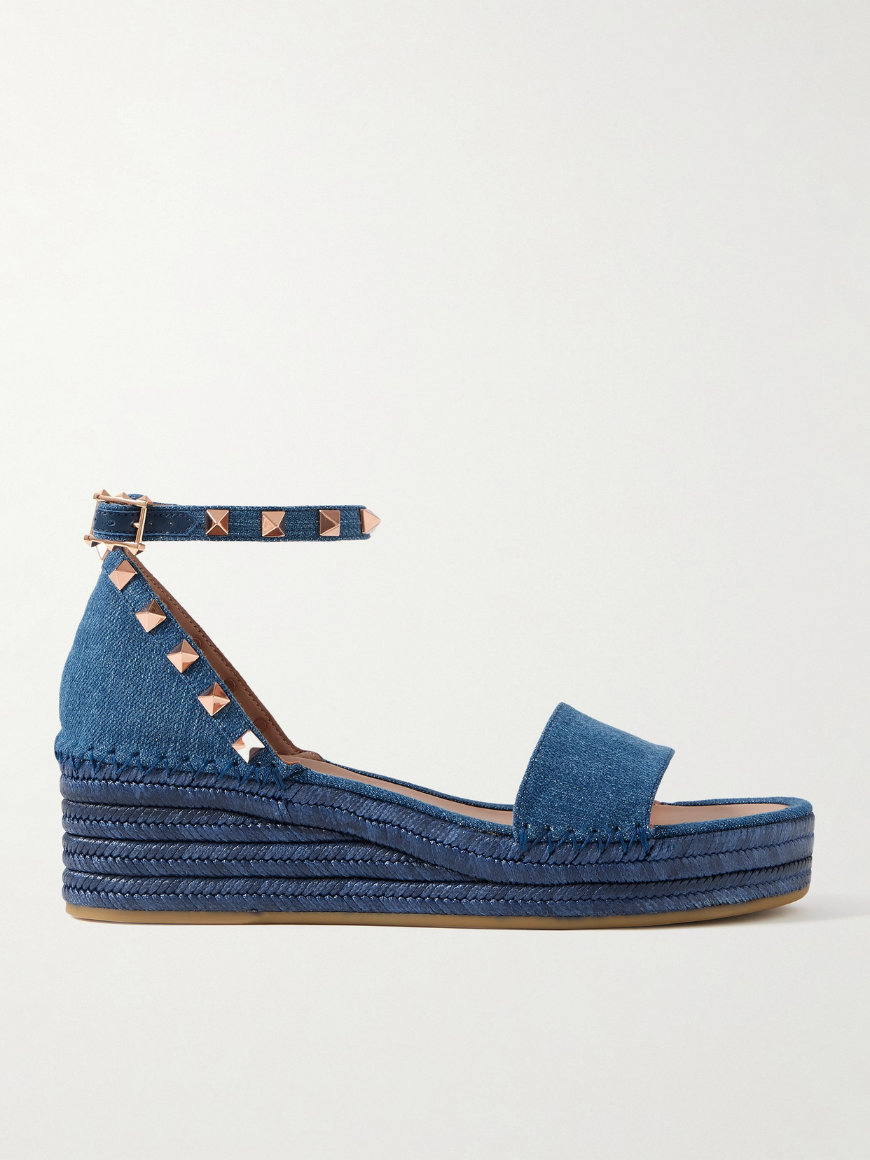 VALENTINO GARAVANI ROCKSTUD 55 DENIM ESPADRILLE WEDGE SANDALS