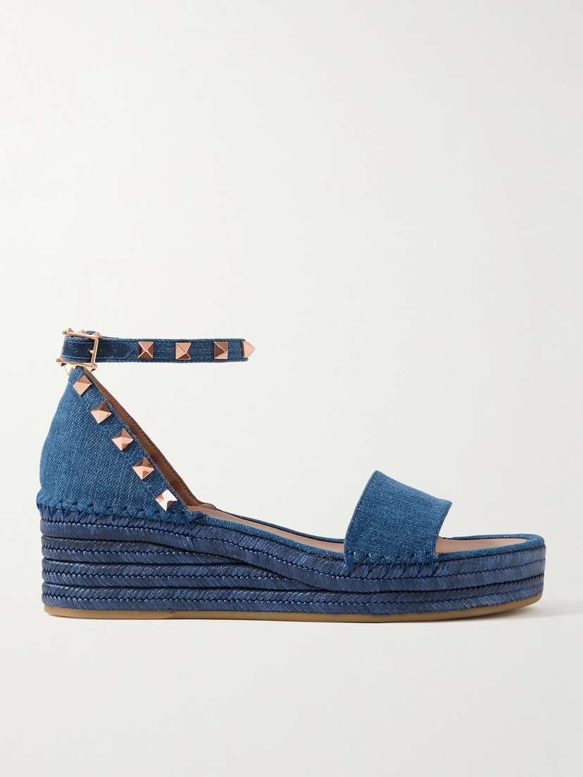 Valentino Garavani Rockstud 55 Denim Espadrille Wedge Sandals
