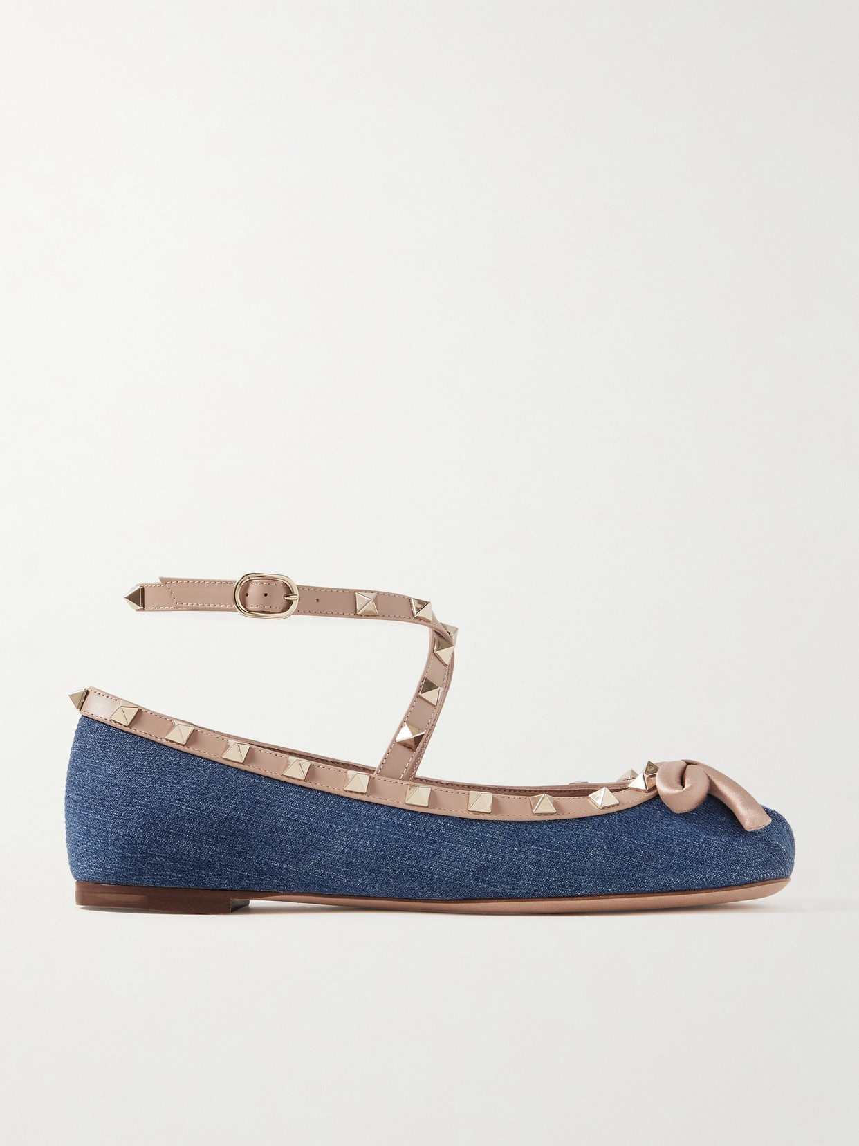 Valentino Garavani - Rockstud Satin And Leather-trimmed Denim Ballet Flats - Blue