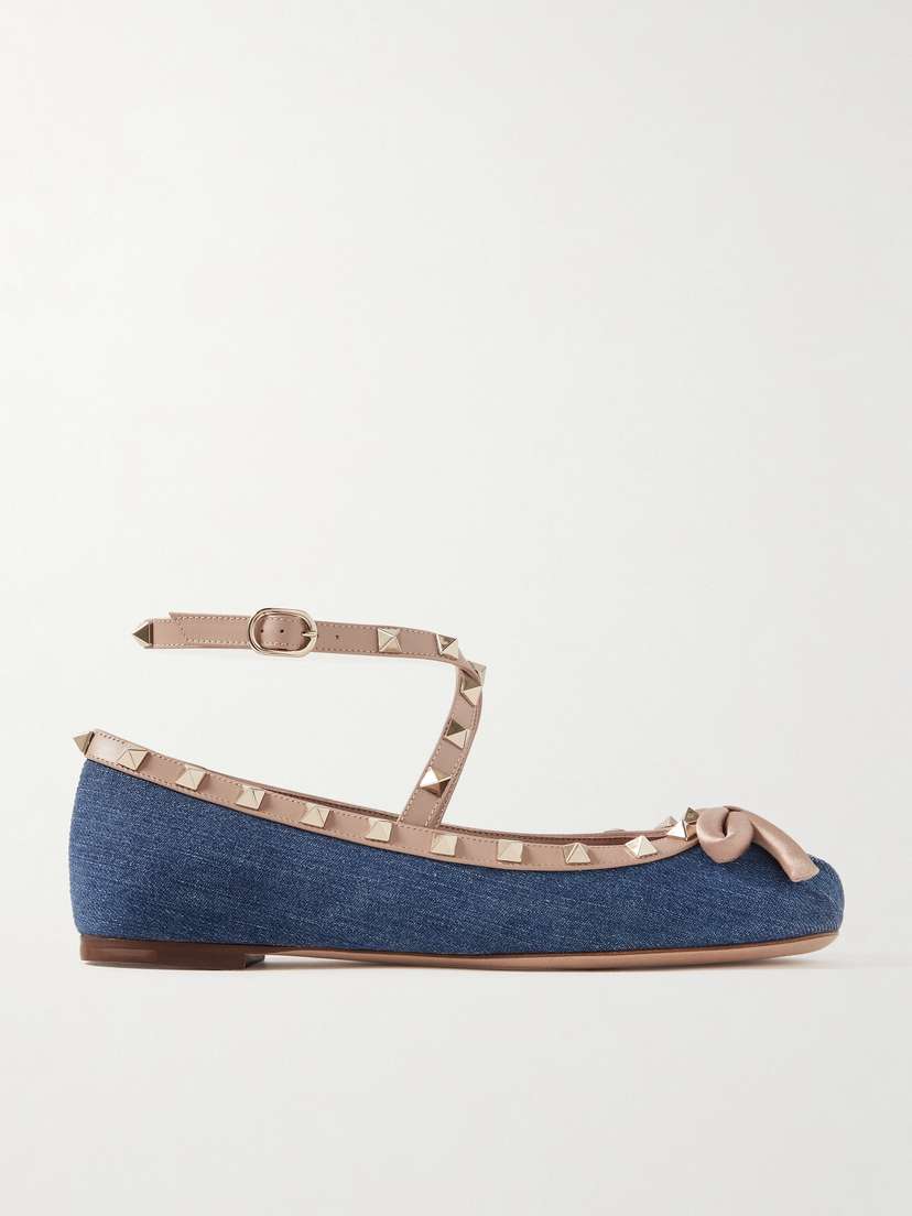 Valentino Garavani Rockstud Satin And Leather-trimmed Denim Ballet Flats