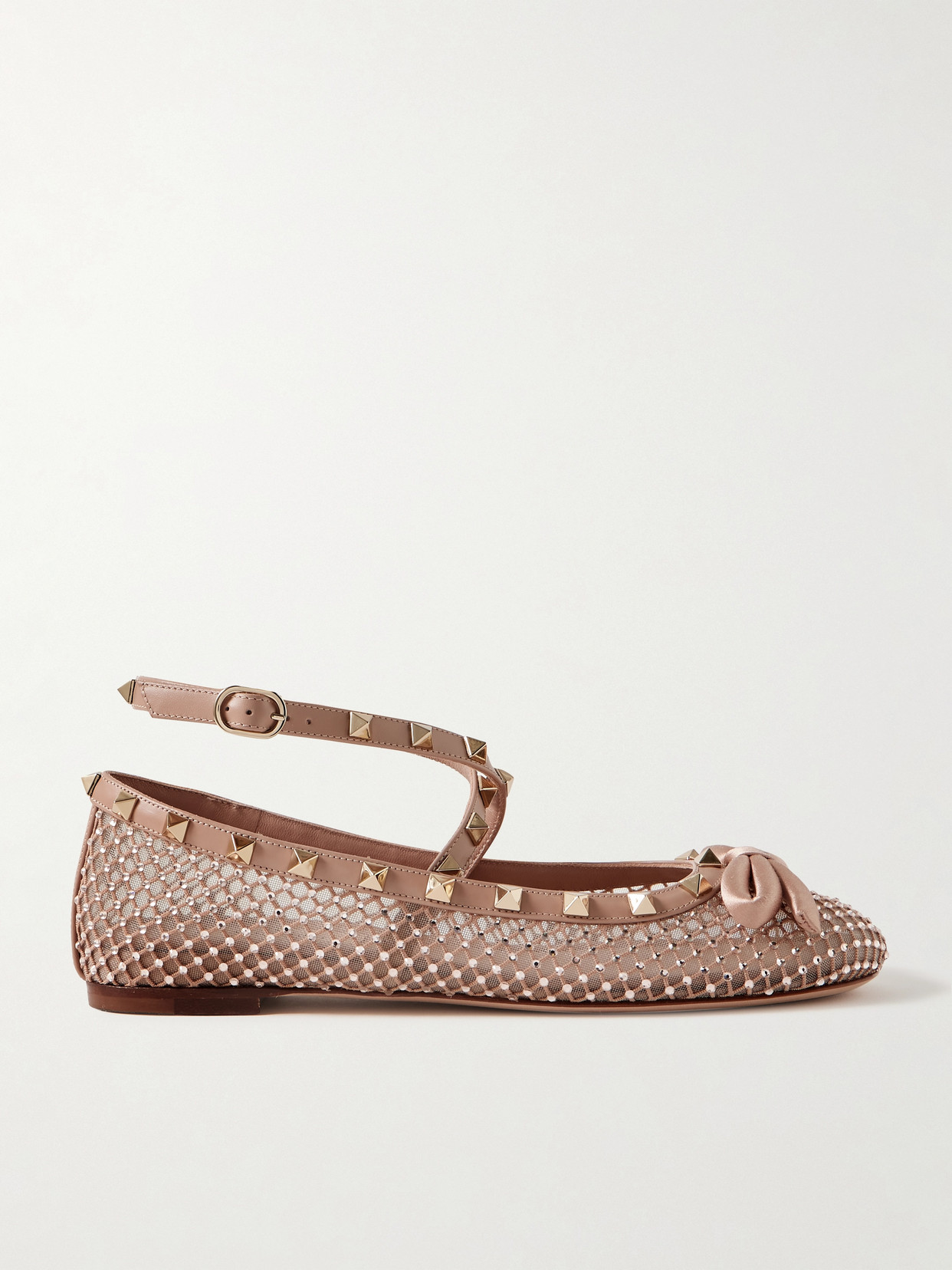 Shop Valentino Rockstud Leather And Satin-trimmed Crystal-embellished Tulle Ballet Flats In Pink