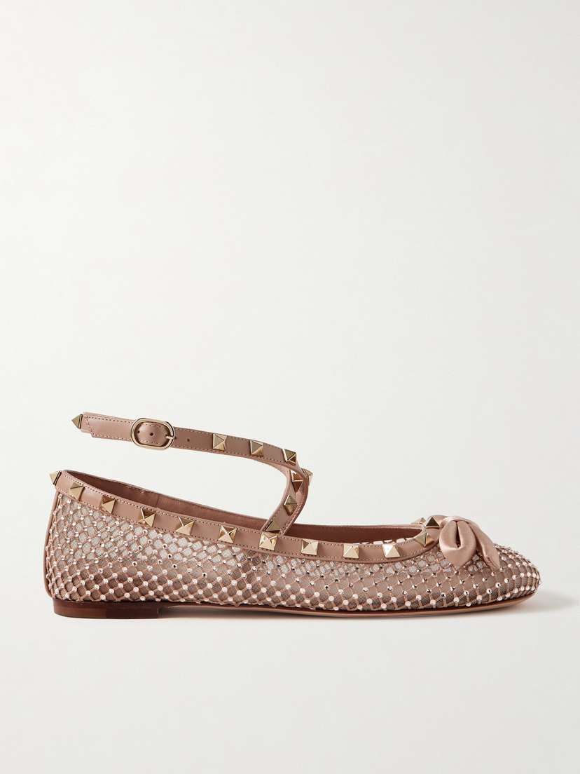 Valentino Garavani Rockstud Leather And Satin-trimmed Crystal-embellished Tulle Ballet Flats