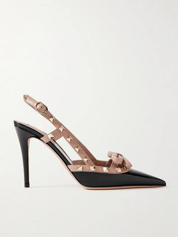 Valentino Garavani Rockstud 100 bow-embellished patent-leather slingback pumps