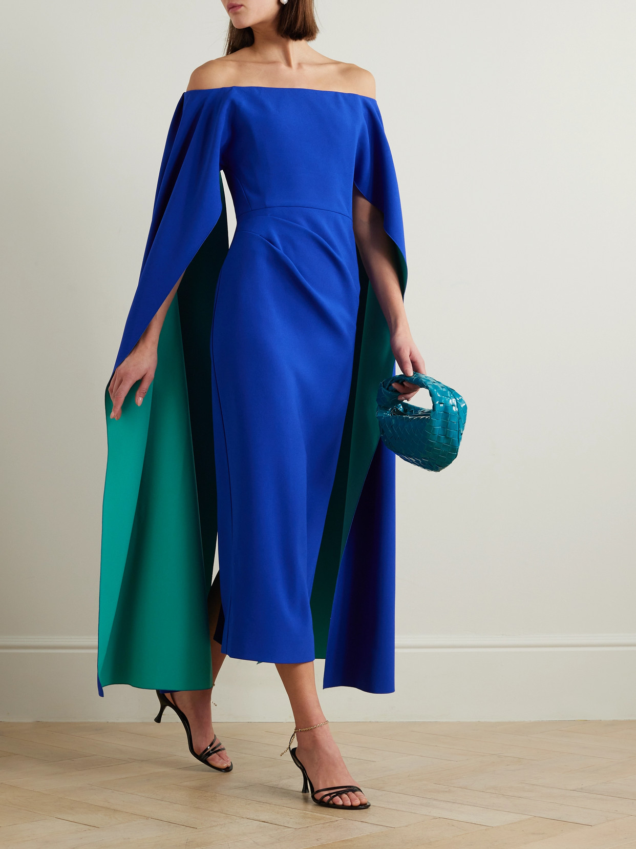 Shop Roksanda Guiomar Cape-effect Off-the-shoulder Crepe Midi Dress In Blue