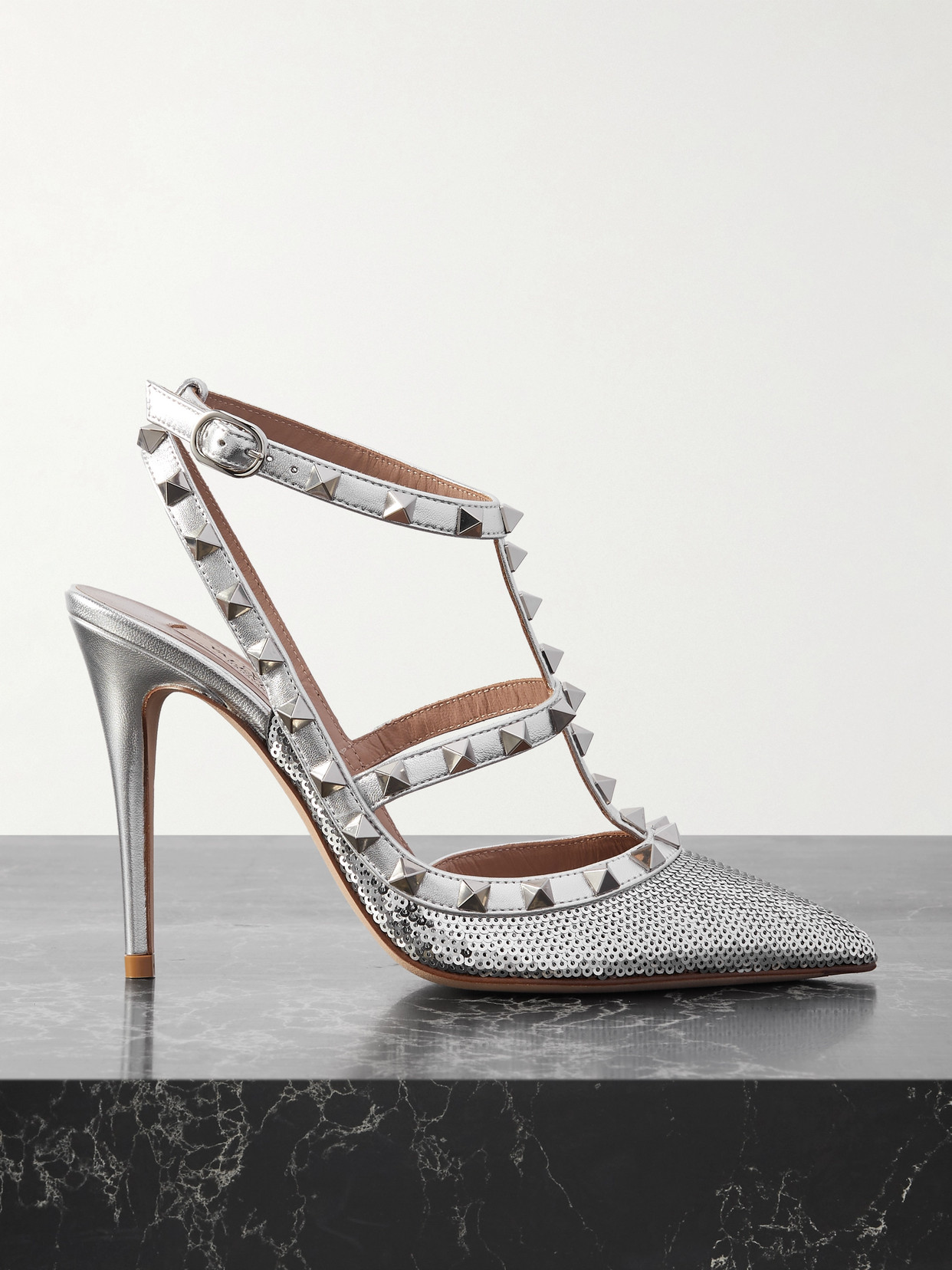 Valentino Garavani Rockstud 100 Sequined Metallic Leather Point-toe Pumps In Silver